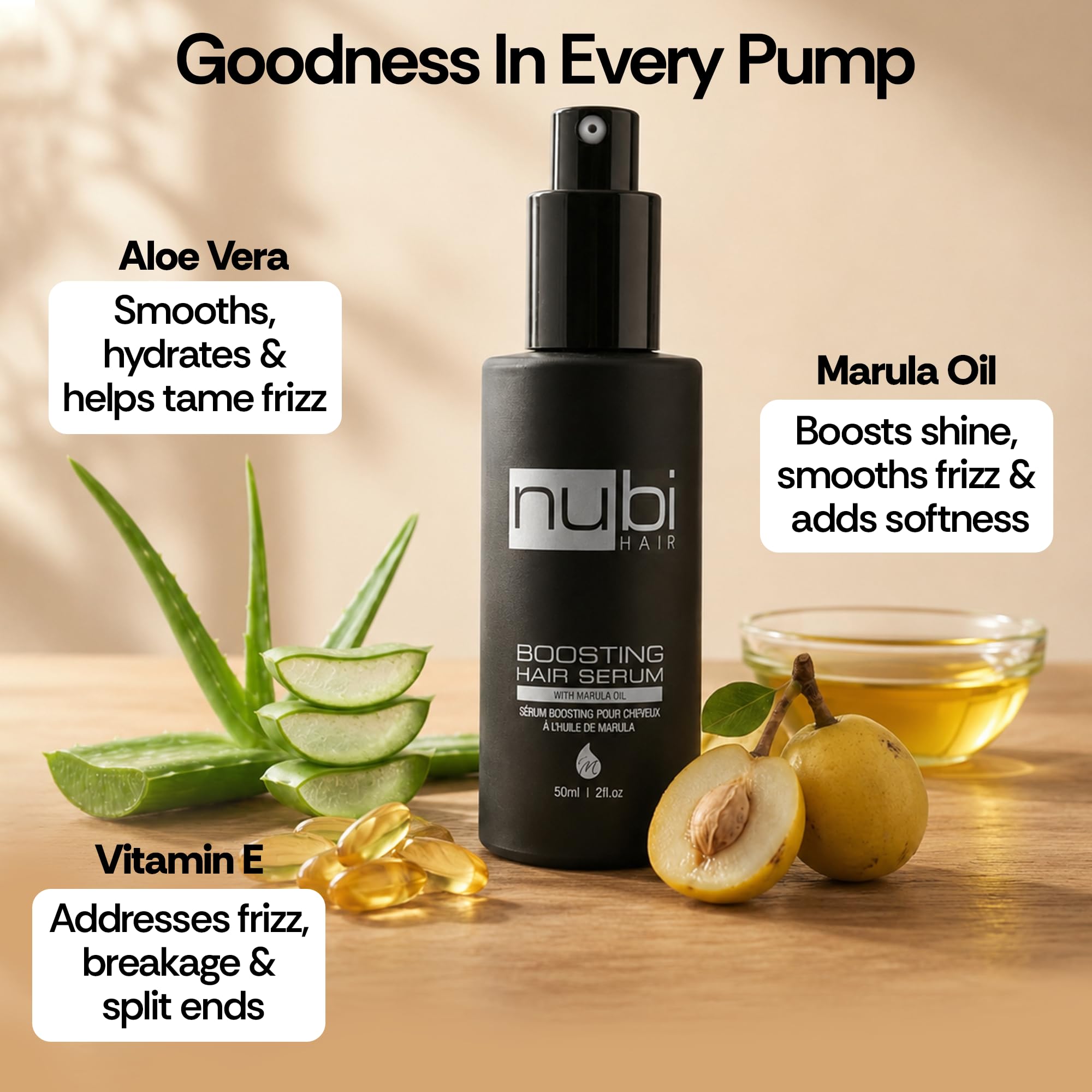Nubi Boosting Hair Serum with Marula Oil, Vitamin E and Aloe Vera, 2 Fl. Oz./ 60 Ml