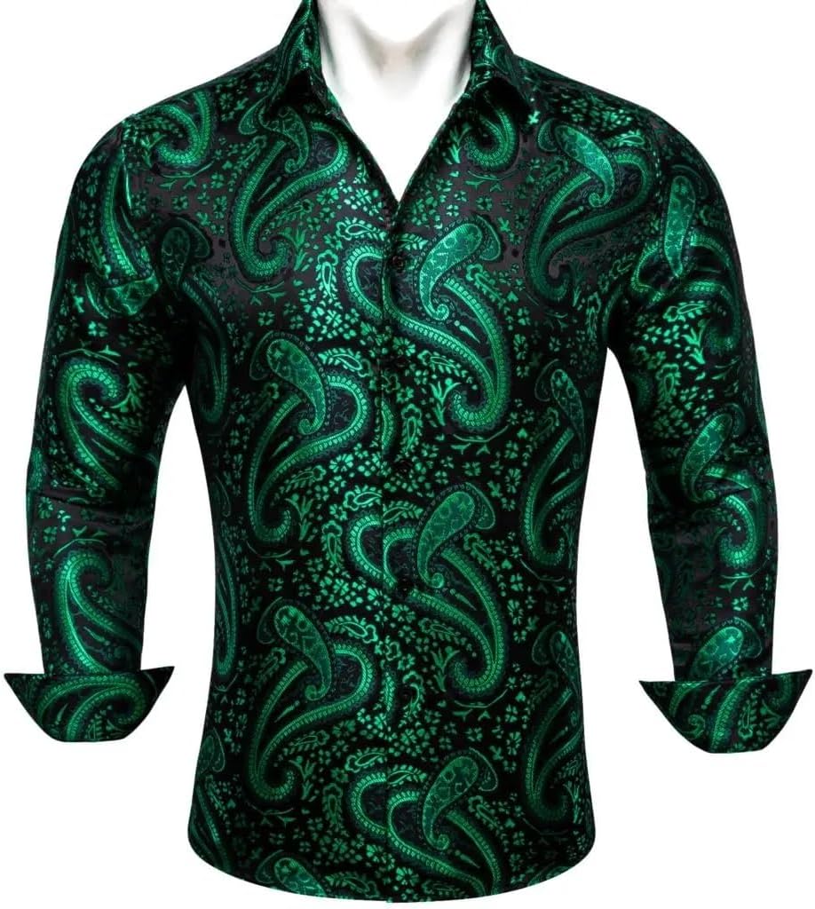 Black Paisley EmbroideredShirts for Men Silk Long Sleeve Green Slim Fit Male Blouses Casual