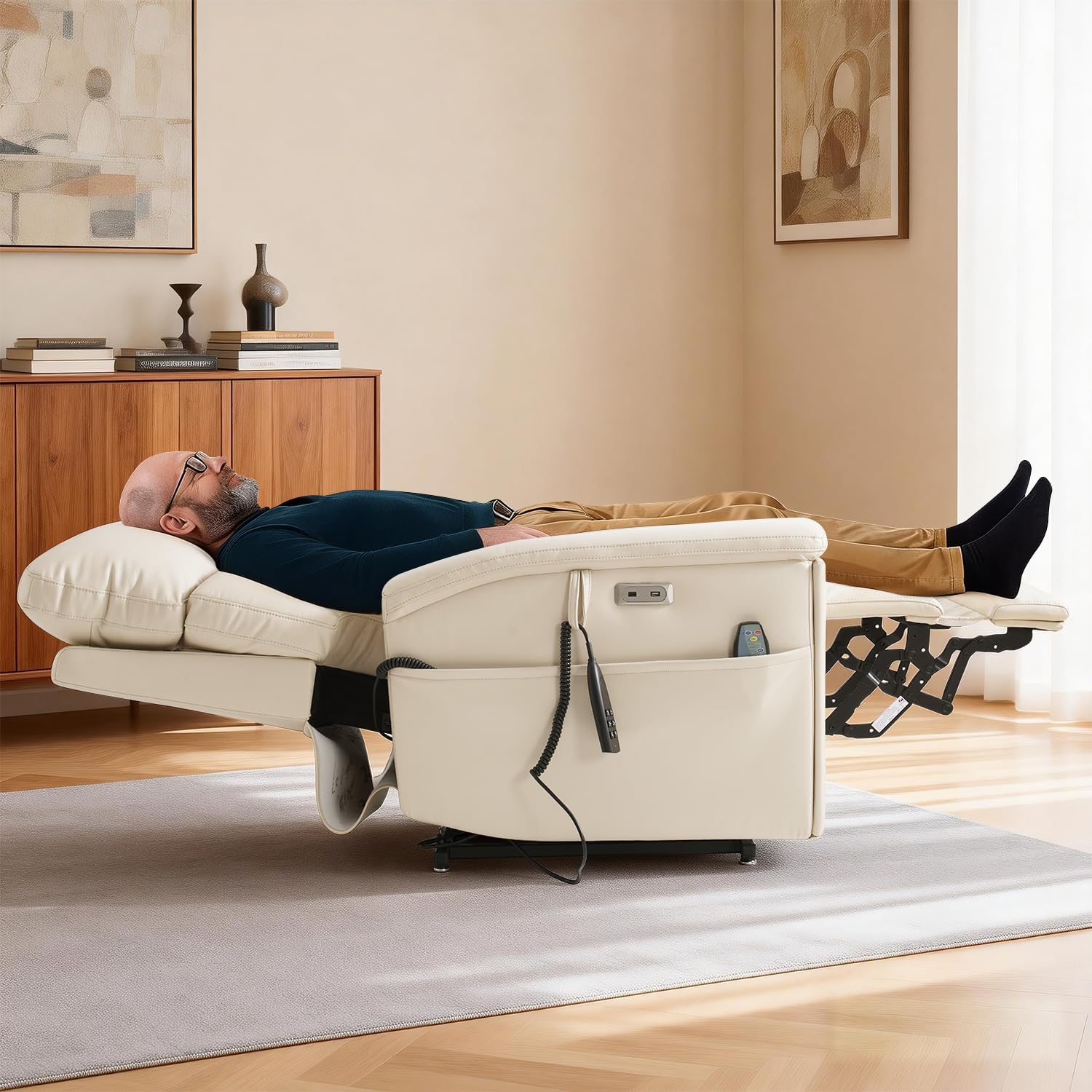Triple Motor Power Lift Recliner Chair for Elderly with Power Headrest, Infinite Position Lay Flat Lift Chair with Vibration Massage & Heat, Cup Holders, Lumbar Pillow, USB, Premium Leather, Beige
