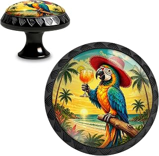 Yiruhe 4 Pack Tropical Vacation Parrot Cabinet Knobs Pulls, Crystal Glass Round Drawer Dresser Knob for Home Dresser Kitchen Wardrobe Cupboard Door Handles