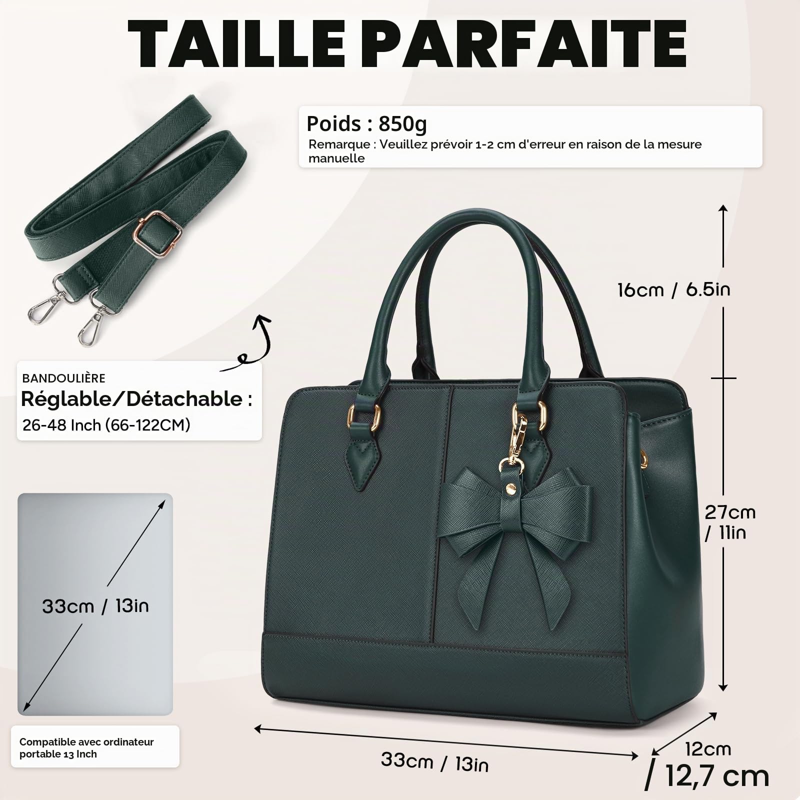 RAINSMORE Sac a Main Femme Cuir PU Cabas Femme Grand Sacs à Main Portés Épaule Tendance Sac à main Pour les Cours Lycee Fourre Tout Bandoulière Travail 13 Pouces Vert Foncé