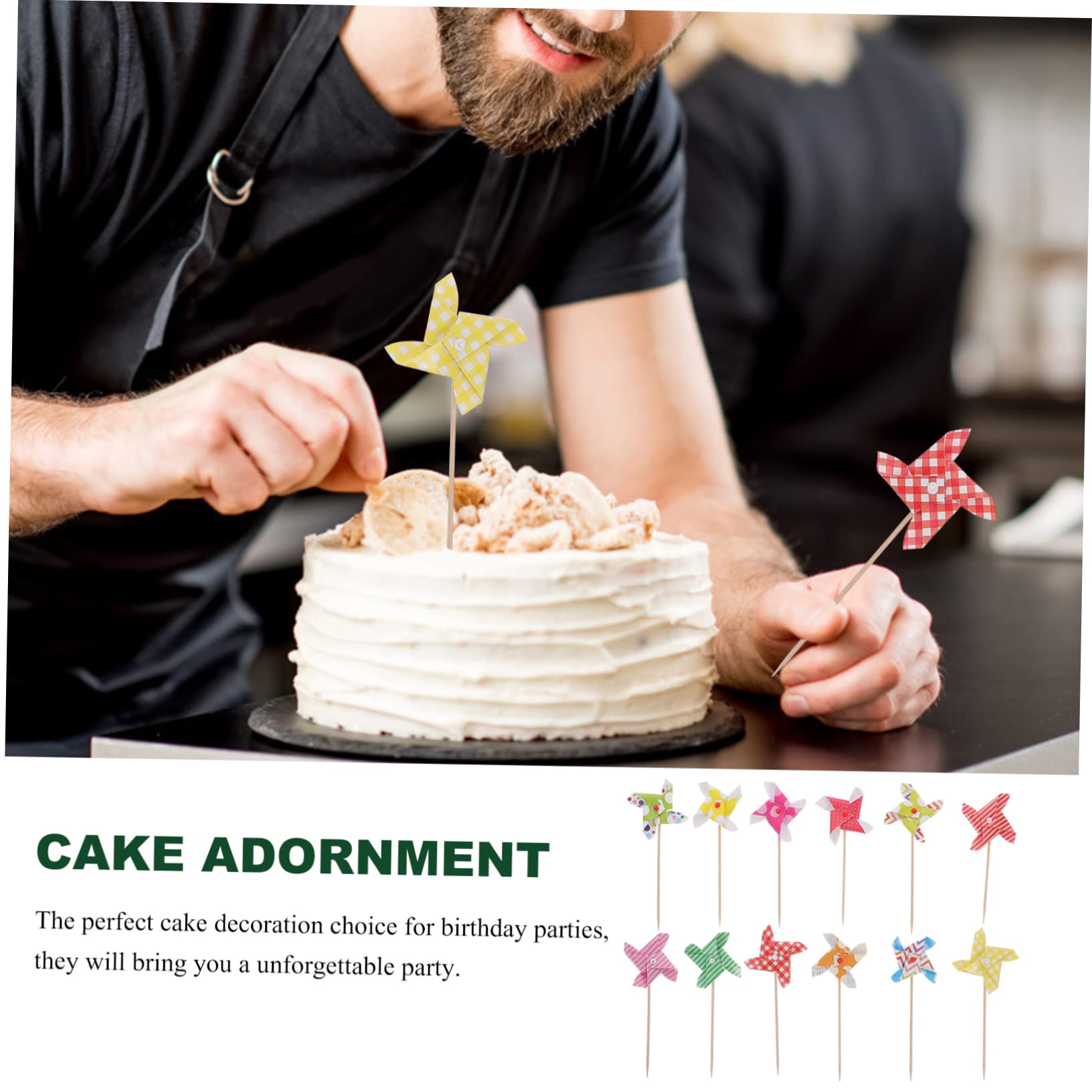 Cabilock 120 Pièces Décorations De Gâteaux Choix De Petit Gâteau Inserts De Moulin à Vent en Papier Gâteau De Mariage De Bébé Mini Rotatif Joyeux Anniversaire en Bois