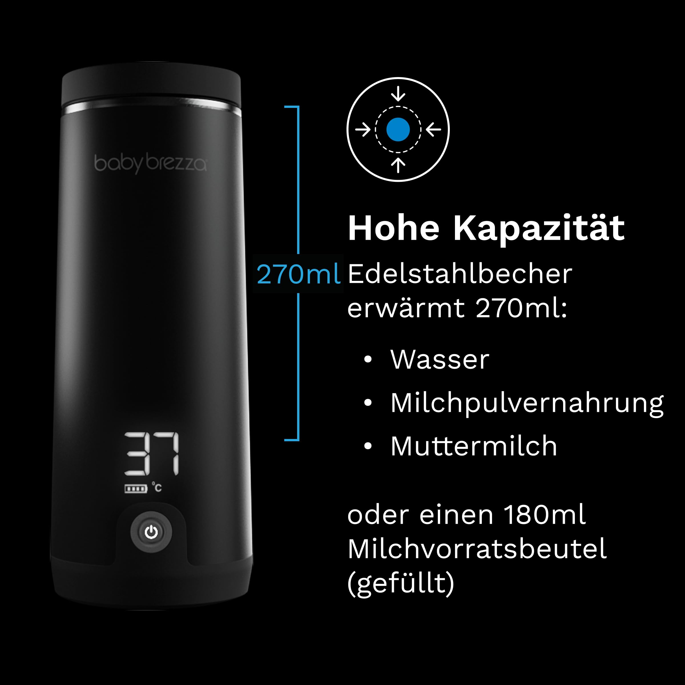 Baby Brezza SuperFast Superschneller tragbarer Muttermilch- und Wasserwärmer für die Reise Schwarz – 67% schneller – Kabellos & wiederaufladbar über USB-C – Edelstahl – 4 Temperaturstufen – 270 ml