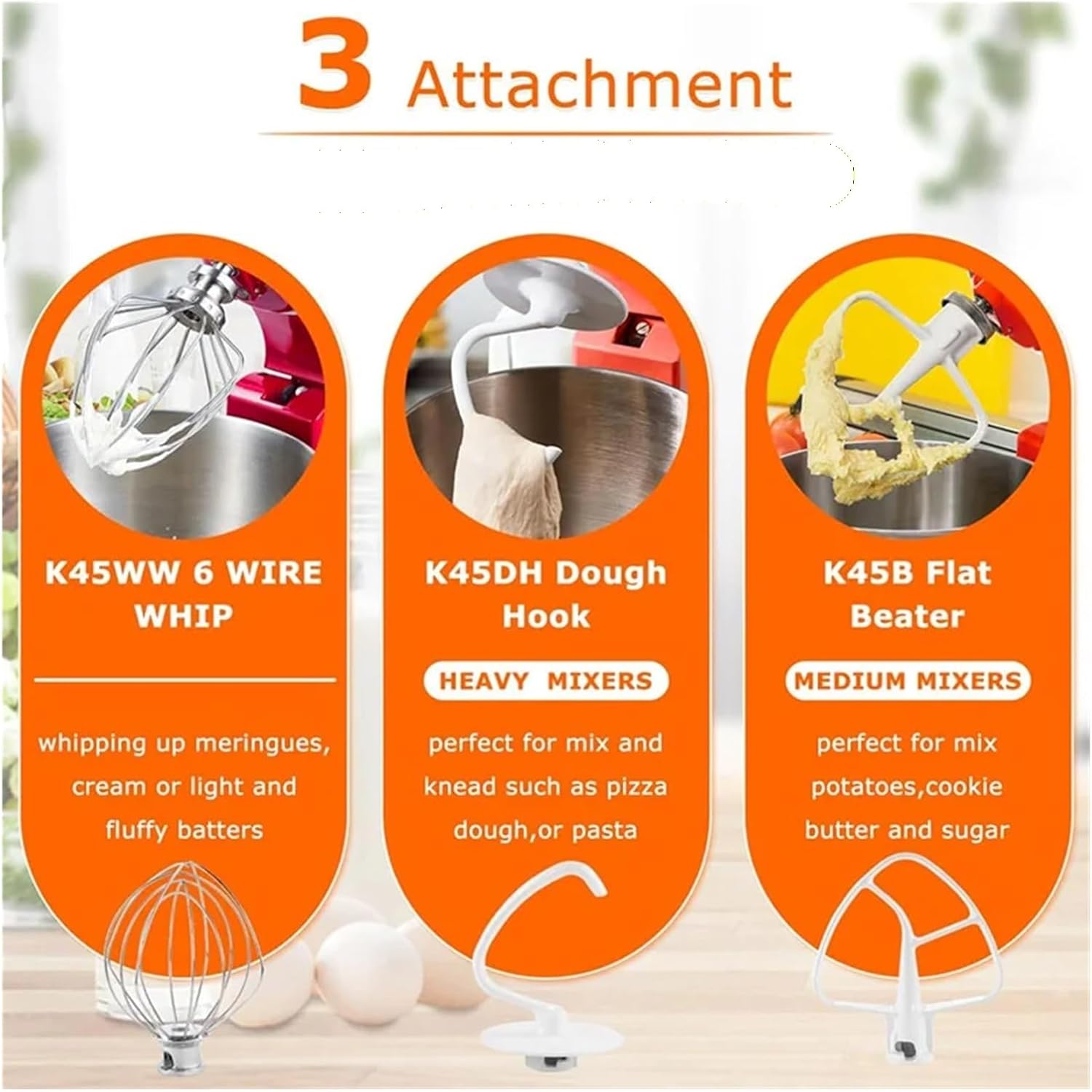 Compatible for Stand Mixer, 3-Piece Replacement Set with Coated Paddle, Wire Whip & Dough Hook
