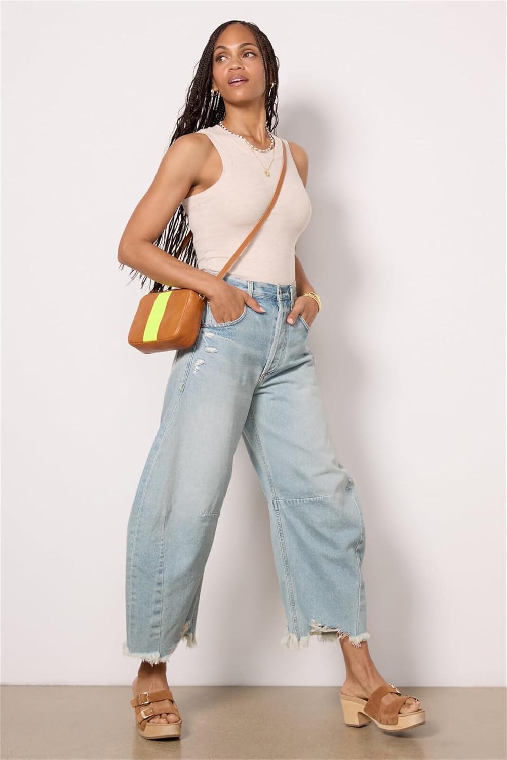 Women's High Waisted Barrel Horseshoe Baggy Jeans Cropped Boyfriend Wide Leg Raw Hem Denim Pants Y2K Loose Balloons Jean