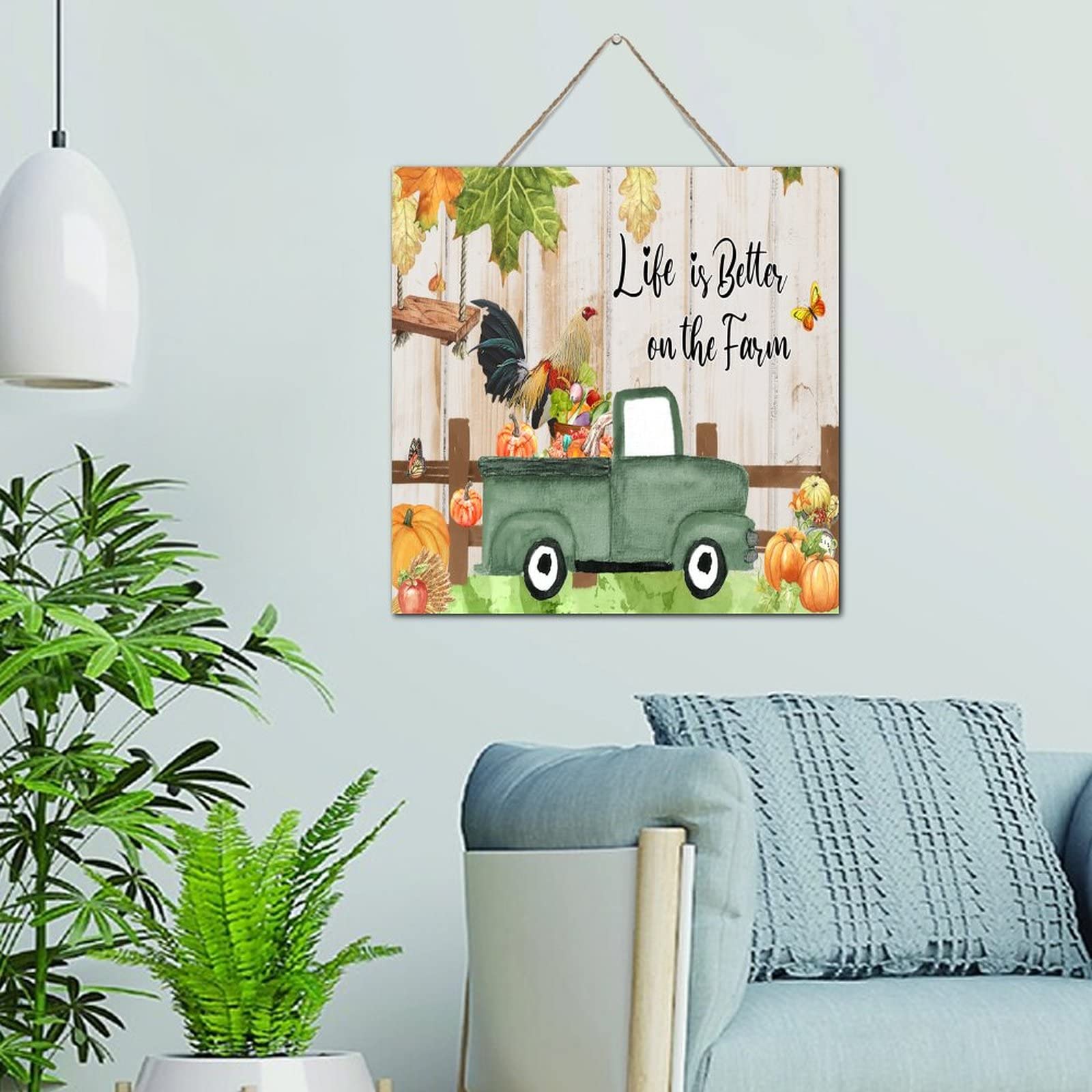 Décoration murale rustique en bois massif rétro motif coq et citrouille
