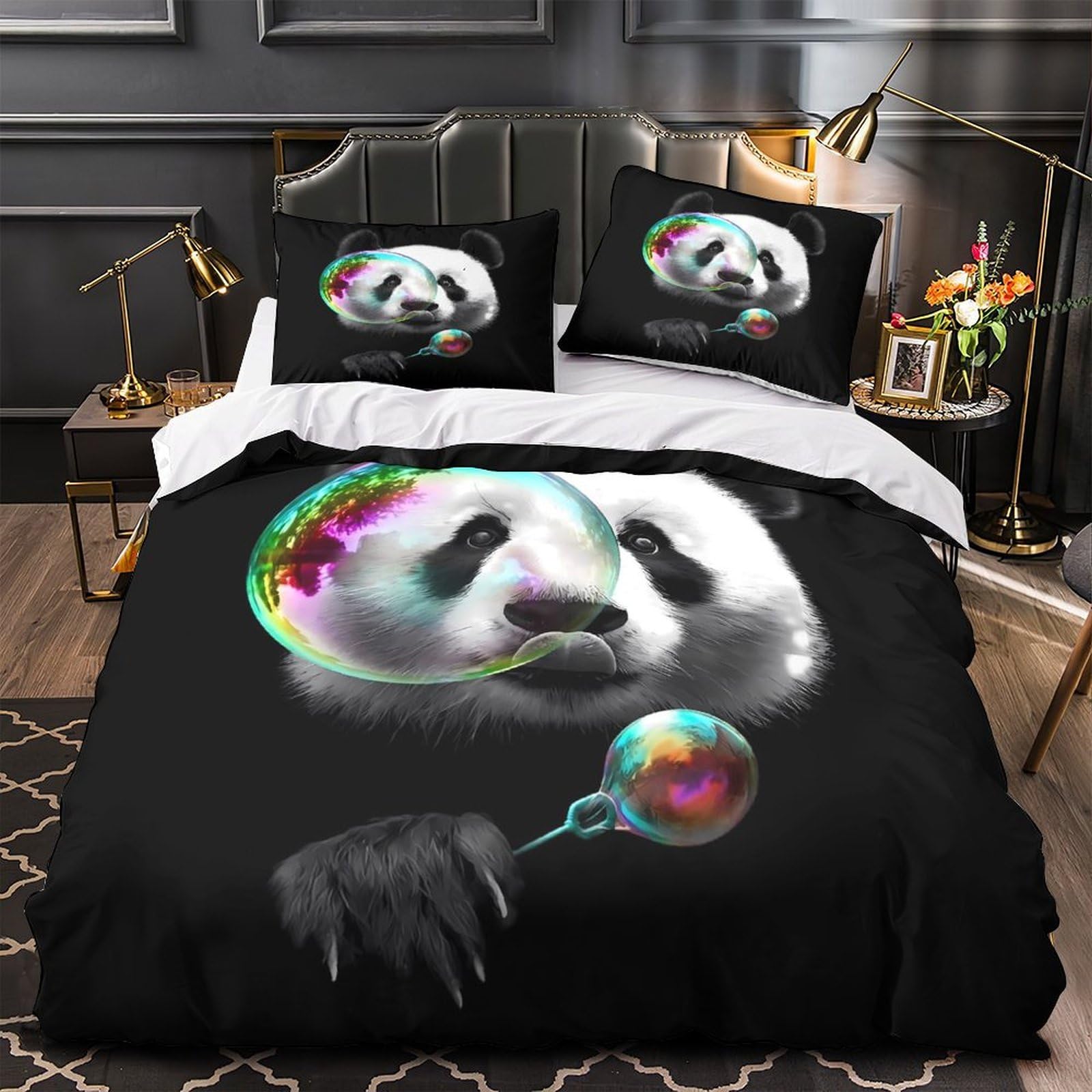 Housse de couette 3D panda 200x200 parure de lit microfibre zippée