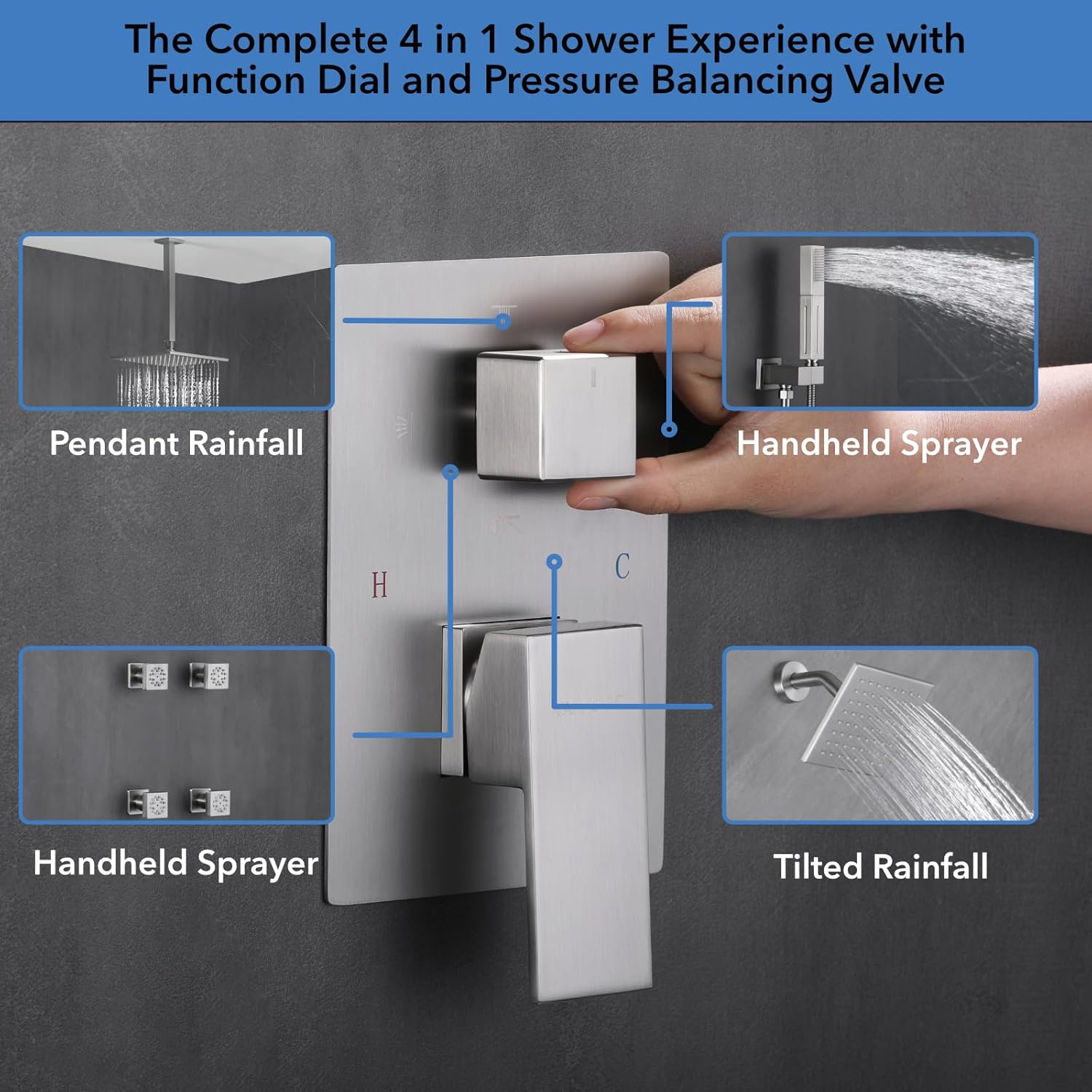 VANFOXLE Shower Faucet Set Brushed Nickel Shower System,Four Modes Shower Faucet with 2 in 1 Handheld,Ceiling Mount 10 Inch Shower Head with 6 Inch Shower Head, 4 PCS Dual Modes Body Jets - Image 5