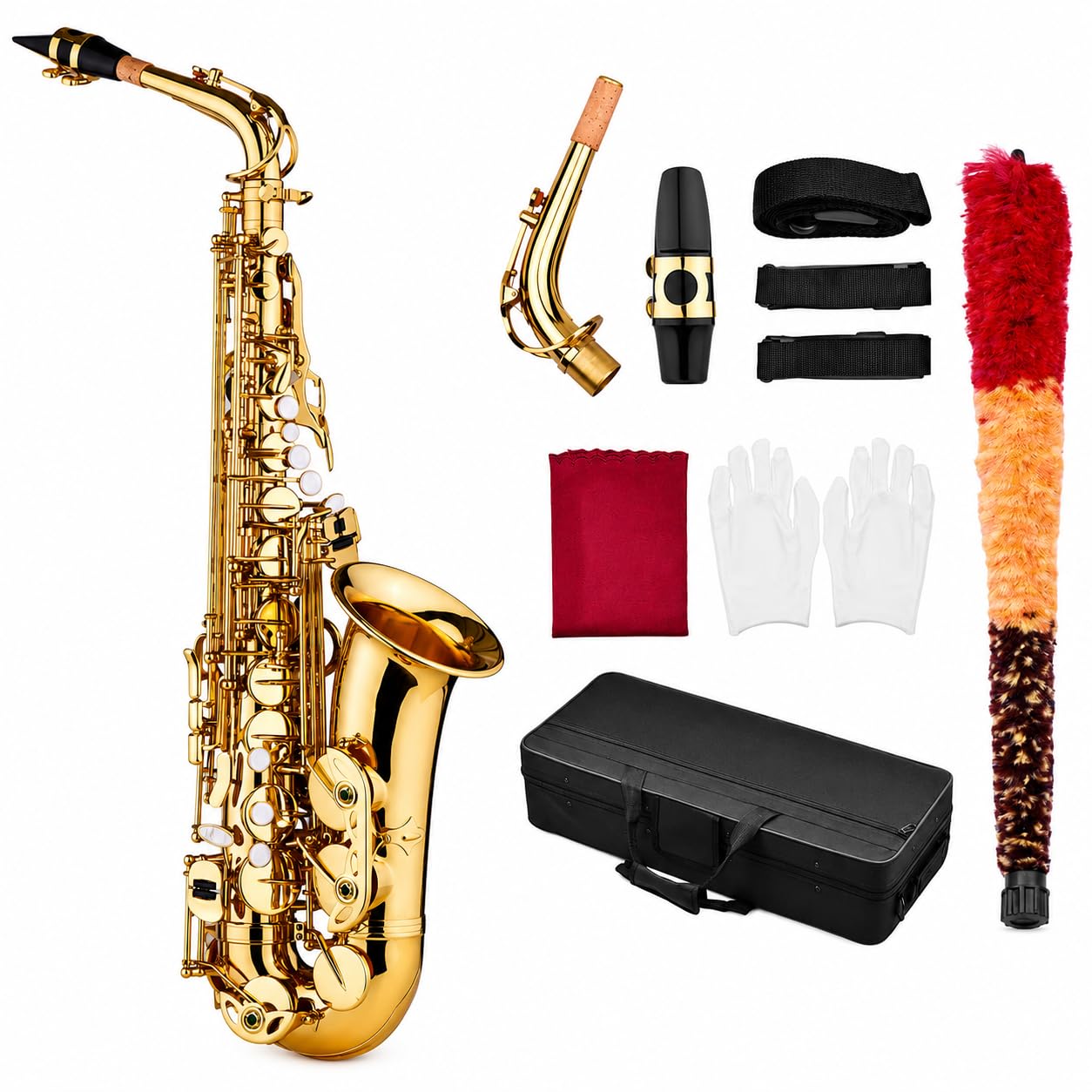 Saxofón alto Eb, saxofón de latón con patrón tallado, incluye boquilla de plástico, guantes, paño de limpieza, cepillo y correas