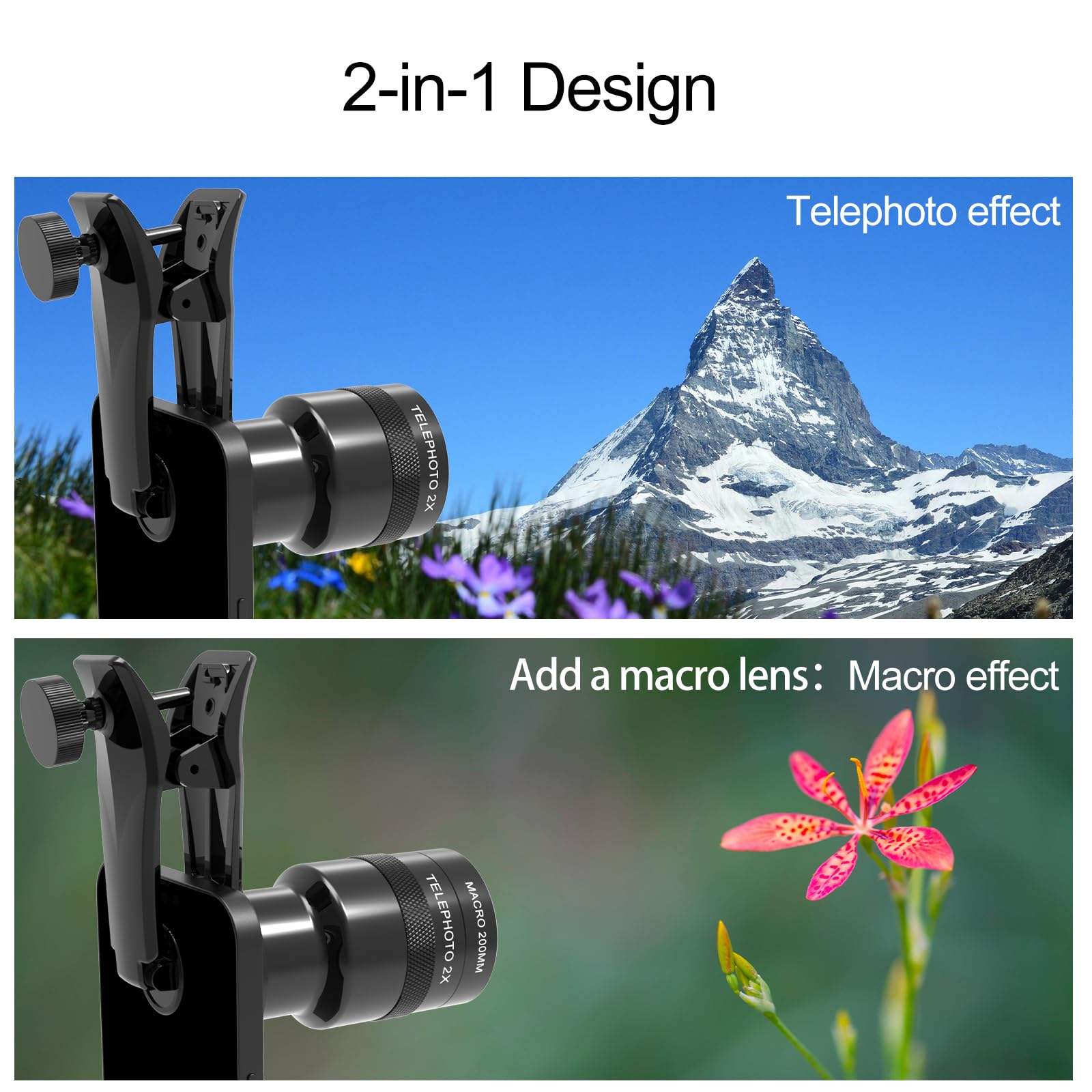Teleobiettivo 2X per teleobiettivo 5X, con obiettivo macro da 200 mm e 300 mm, clip universale per obiettivo da 17 mm, compatibile con SmallRig e NEEWER Phone Cage (componenti aggiuntivi 200