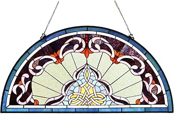 Bieye Lady Astor Demi-Lune Half-Round Window Panel Tiffany Style Stained Glass Hangings for Home Decor 36" W x 18" H W10035