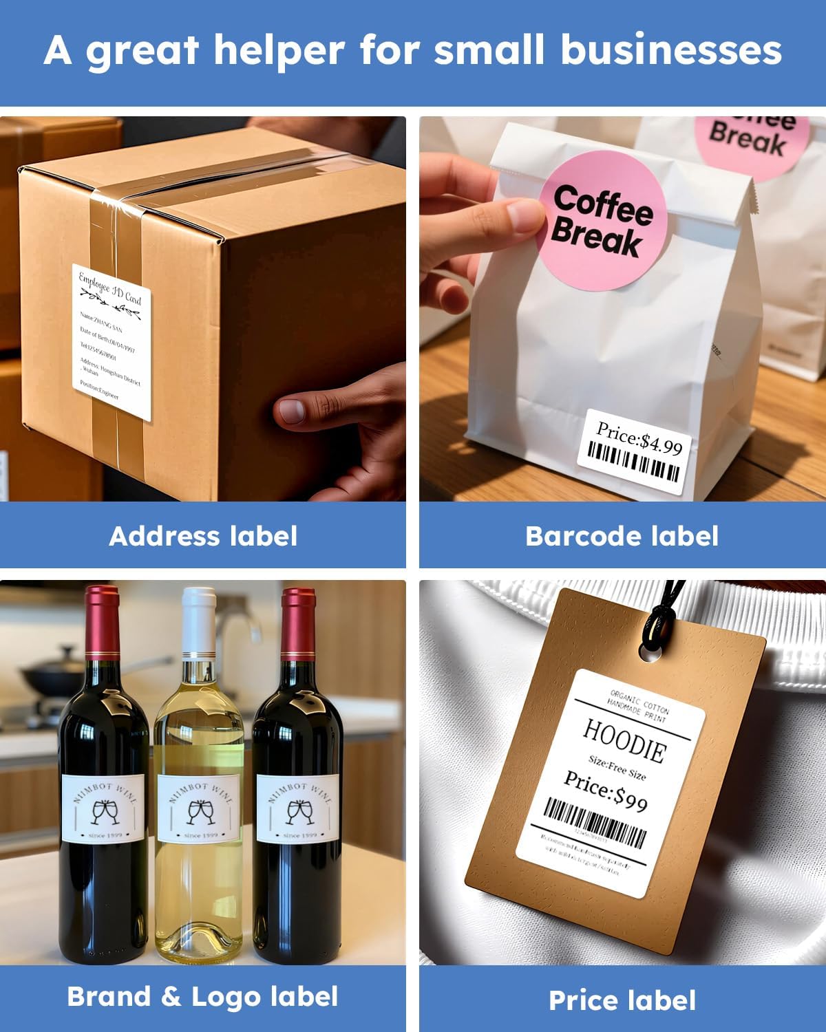 Label Maker Machine with 4 Tape - 4 x 50x30mm (1.96"x1.18") in White Tape,Bluetooth Label Makers, Portable Thermal Label Printer Inkless Label Makers for Small Business, Home, School, Office