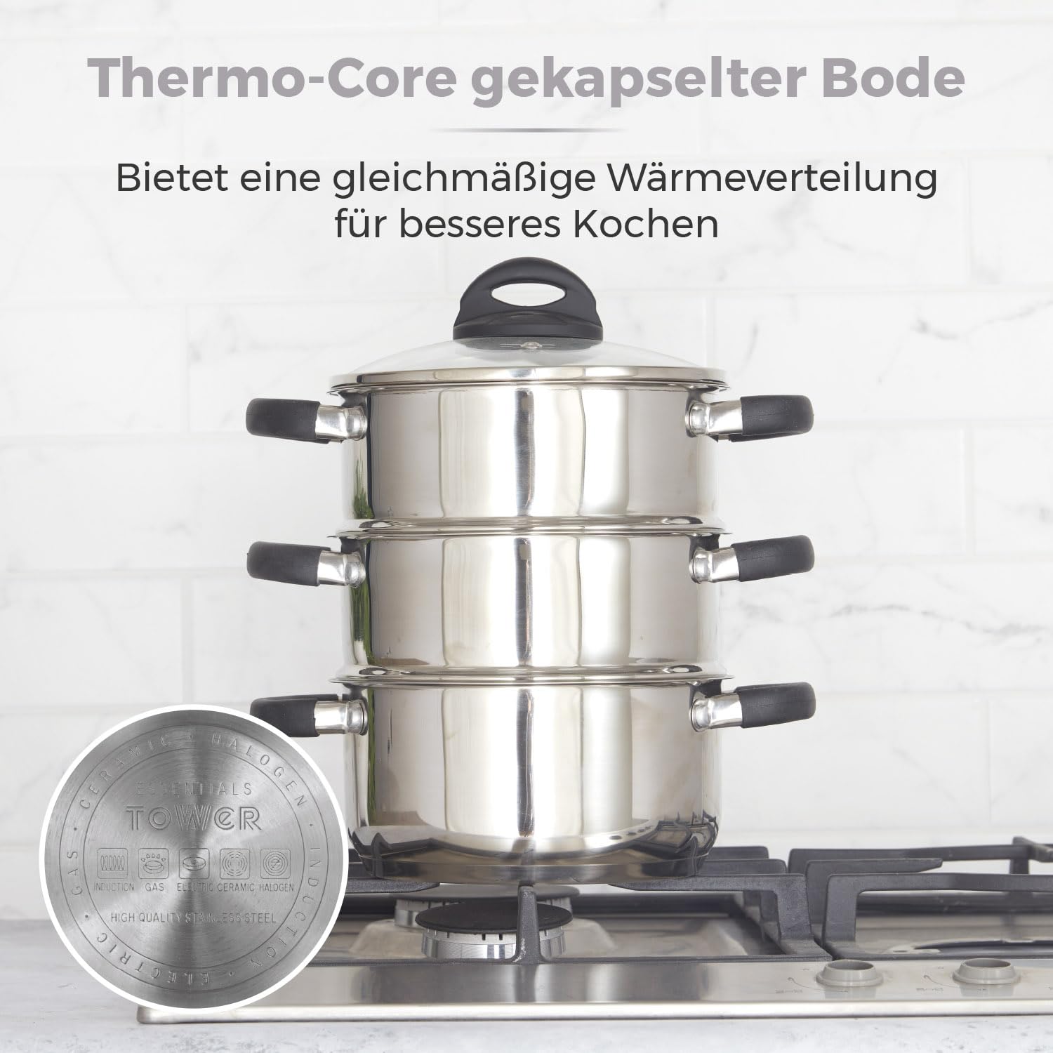 Tower T80836 Essentials Dampftopf Induktion - Dampfgarer Topf 3-Lagig mit Glasdeckel und Silikongriffen - Kartoffeldämpfer Dampfgarer Edelstahl mit Polierter Hochglanzoberfläche 18 cm - Silber