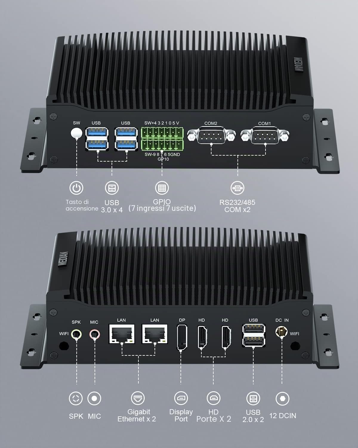 WEIDIAN Mini PC Senza Ventola Silenzioso, Mini Computer Core i7-10510U, PC Industriale Dual HD+DP Triple Display, 2RS232 COM, 6USB, GPIO, WiFi, BT, Win 11/Linux/Ubuntu (32GB DDR4 RAM 1TB SSD)