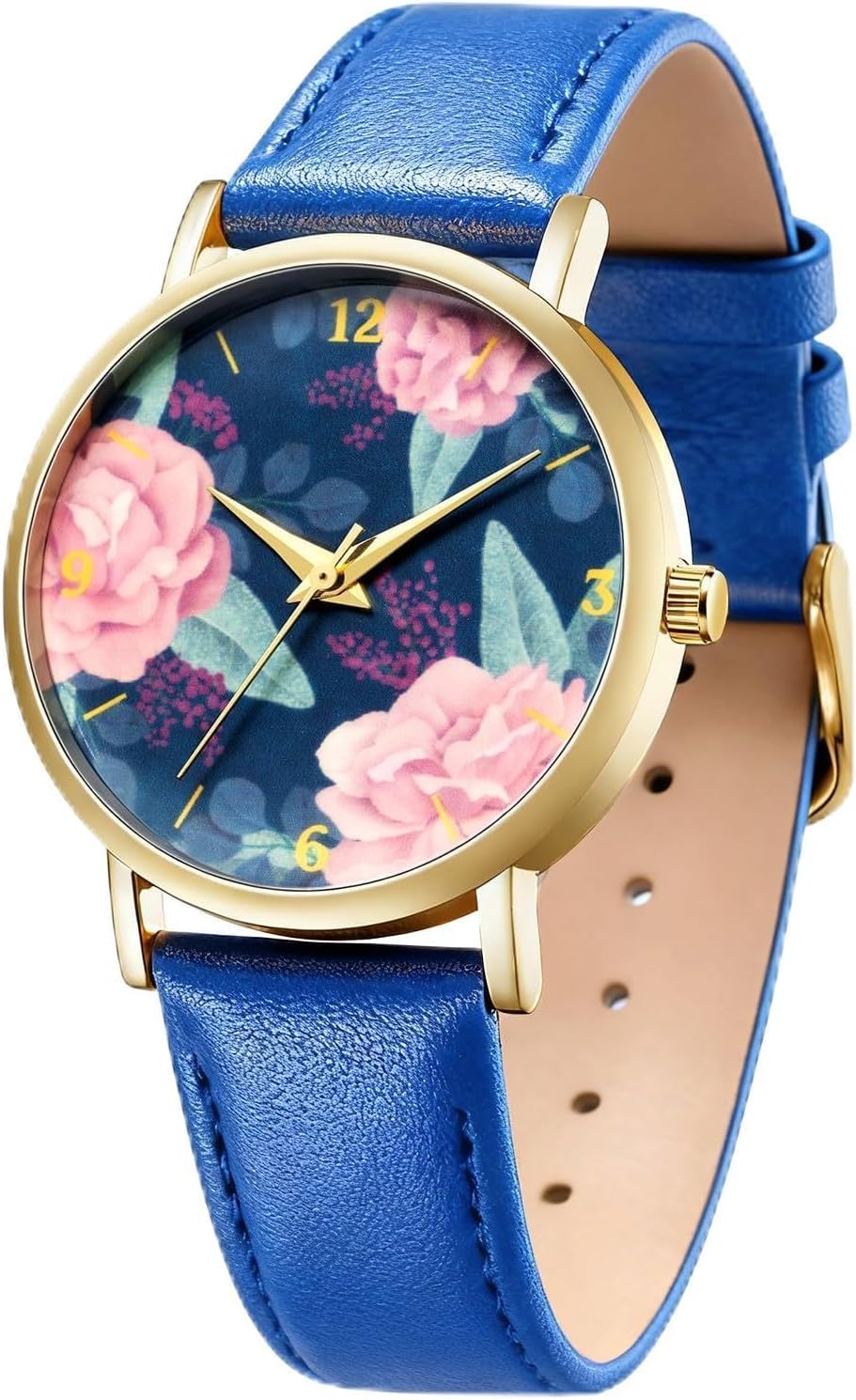 BOSHIYA Women's Leather Wrist Watches Ladies Large Face Floral Printed Analog Quartz Watch