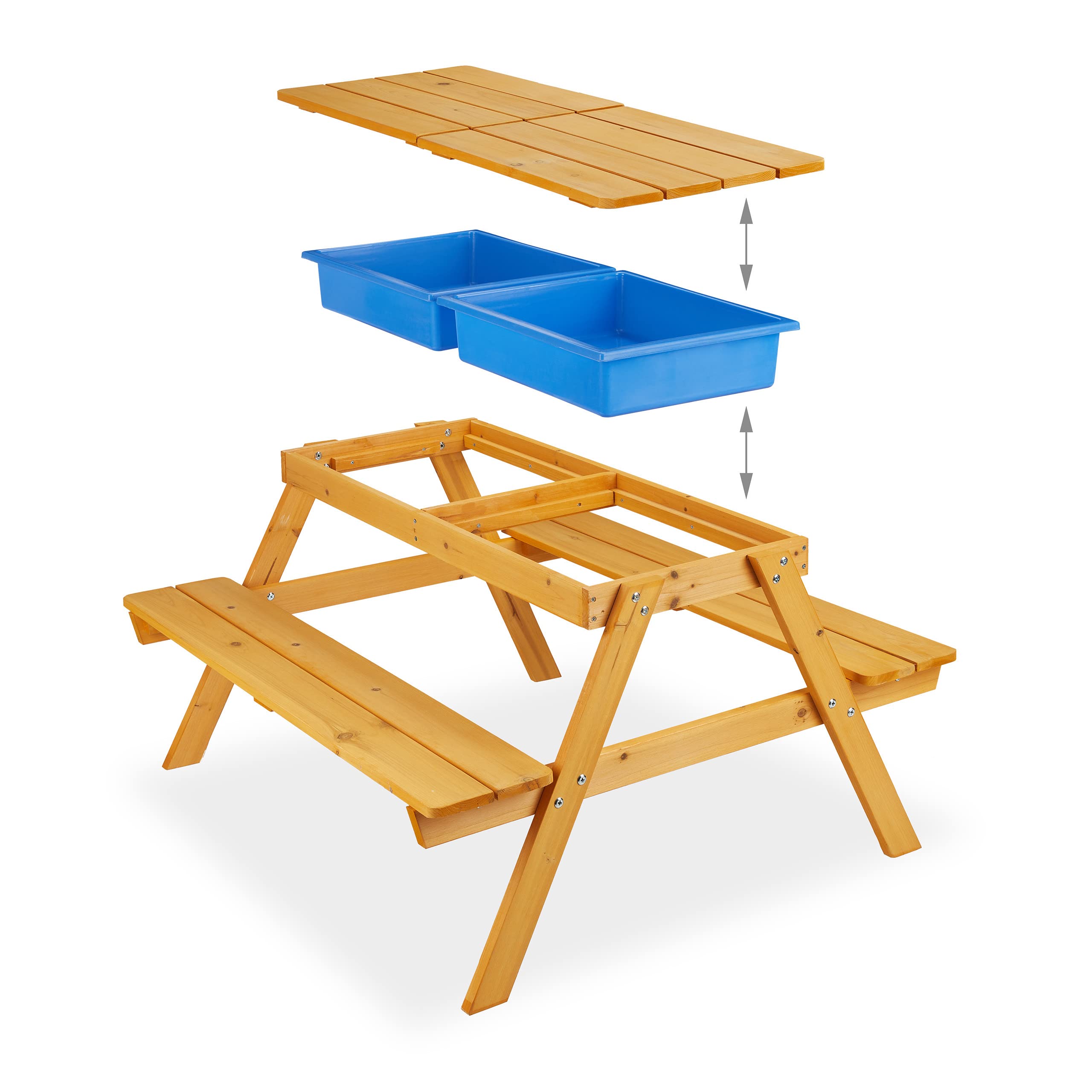 Relaxdays Mesa Pícnic Infantil con Sombrilla, Mesita Niños con 2 Bancos Madera, para Juegos con Arena y Agua, Natural