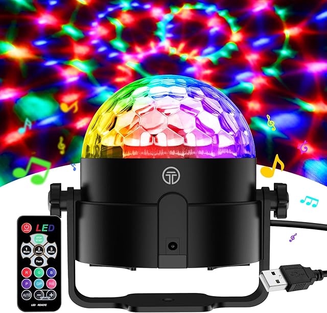 Disco Lights, 360°Rotation Sound Activated Portable Disco Ball Lights with 4M/13ft USB Power Cable, 3W RGB Party Lights with Remote Control for Kids Birthday/Family Gathering/Christmas Party/Home