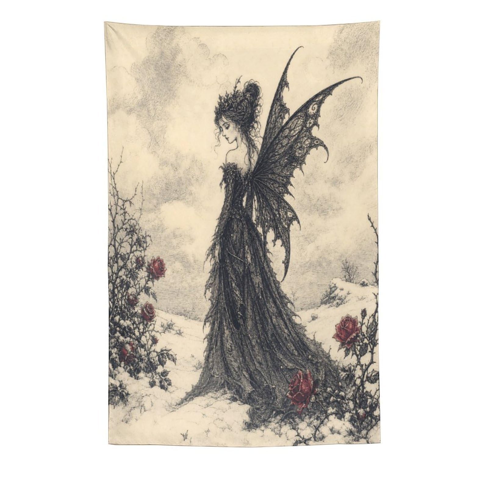 W7C8U2X3 Dark Fairy with Roses Wall Tapestry, Gothic Oil Style, Ink Fantasy