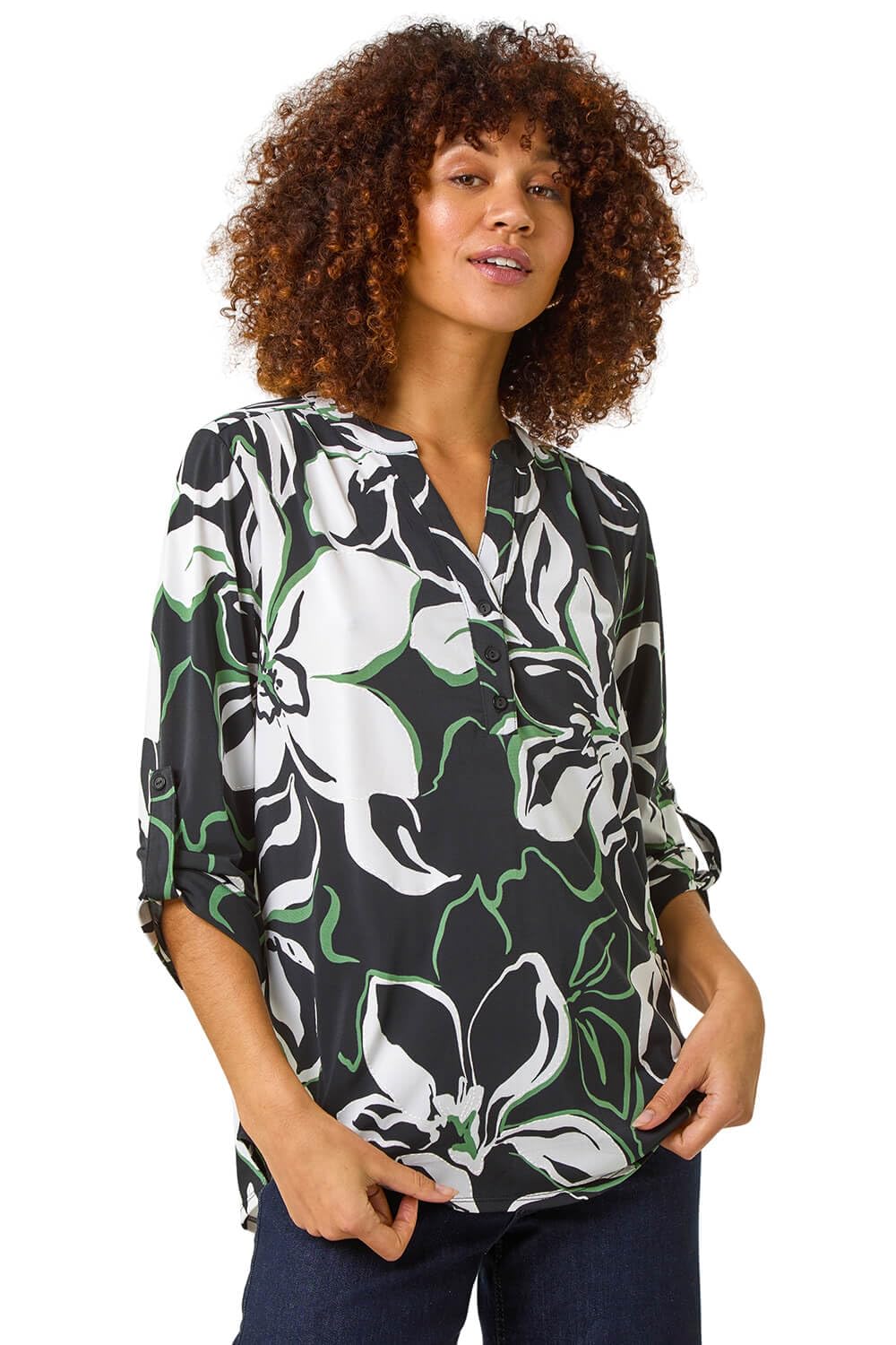 Roman Originals Women's Floral Black Roman Shirt For Uk Top Collarless Blouse Stretchy Tunic Smart Casual Autumn Winter Jersey 3/4 Length Sleeve Notch V Neck Flattering Office Work - Size 10