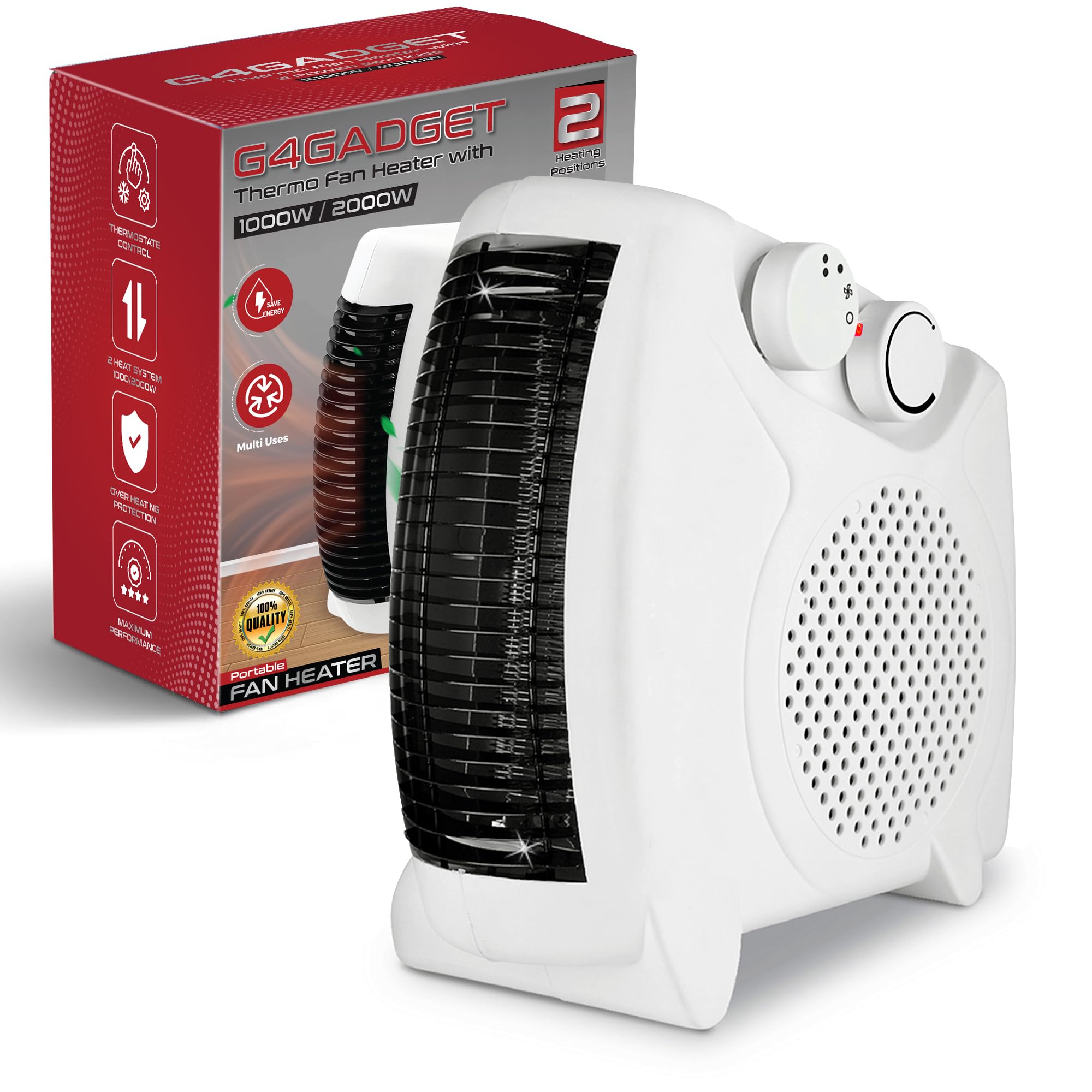 G4GADGET 2 Pack Flat Portable Electric Fan Heater β 2000W Space Heater with 2 Heat Settings & Cool Function, Adjustable Thermostat, Overheat Protection, Low Energy Silent Room Heater