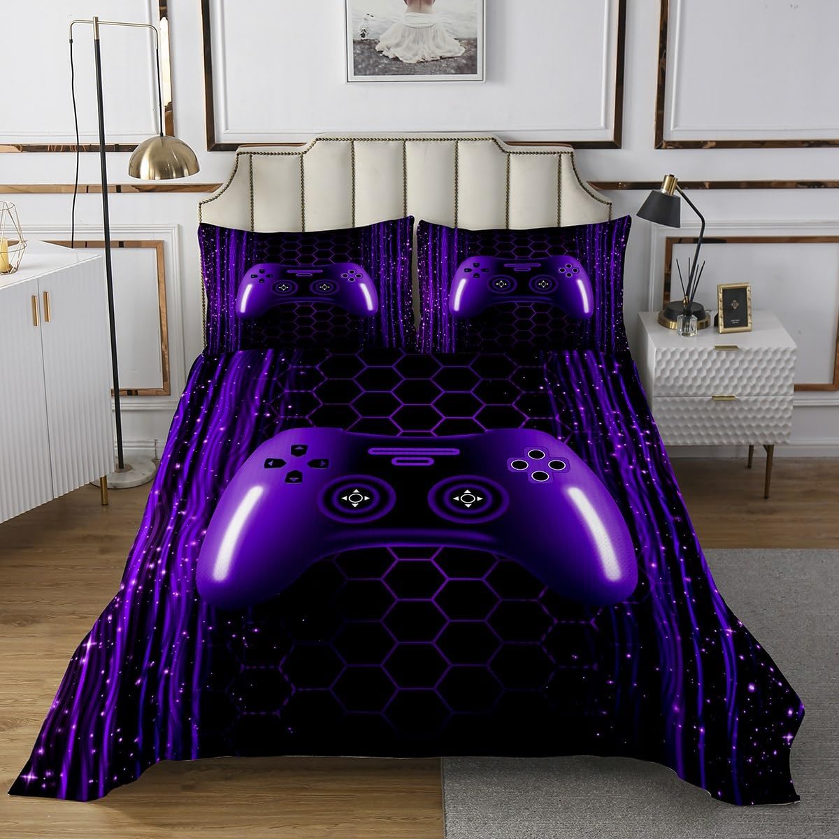 Erosebridal Gaming Coverlet Set Queen Bedding Sets for Boys 3D Rainbow Gamer Bedspread Set for Kids Teens Men Game Console Bedding Stripes Honeycomb Hexagon Bed