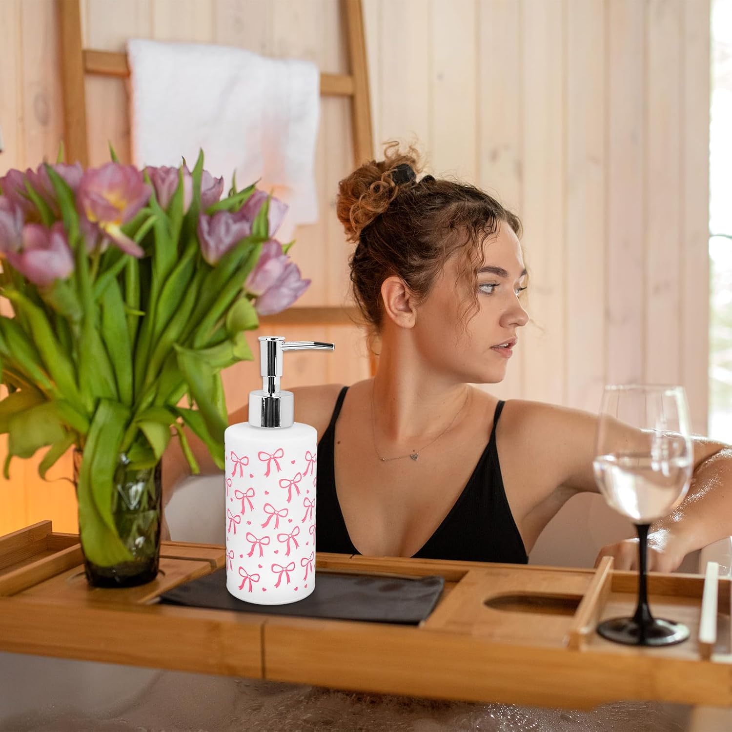 Pink Bow Soap Dispenser Coquette Bow Knot Mini Heart Glass Soap Dispenser with Pump Refillable Liquid Soap Container for Bathroom Kitchen Countertop Decor - Image 4