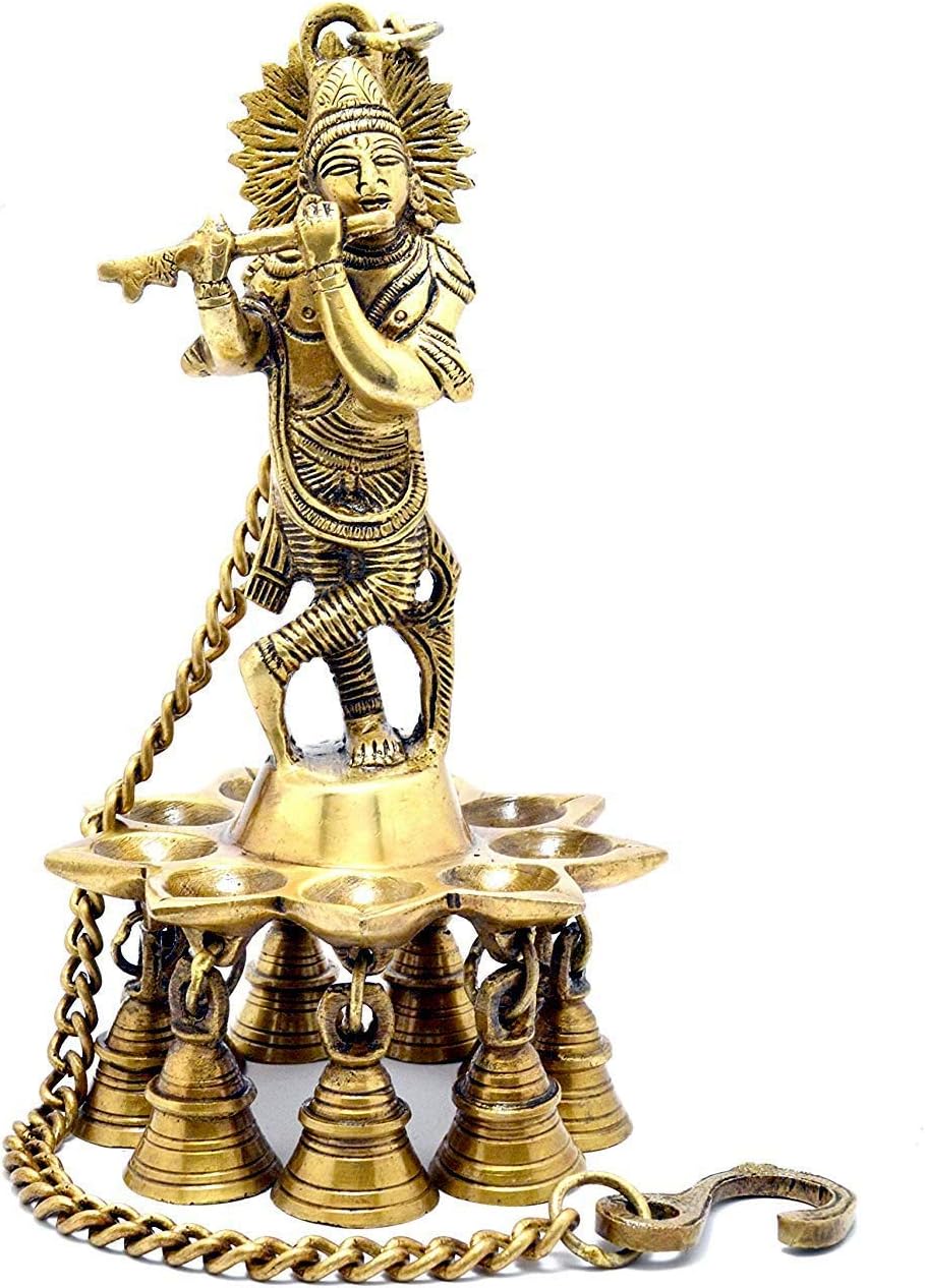 eSplanade - Krishna Wall Hanging Diya with Bells & Chain | Oil Lamp | Home Decor | Diya, Deepak, Deepam - Brass