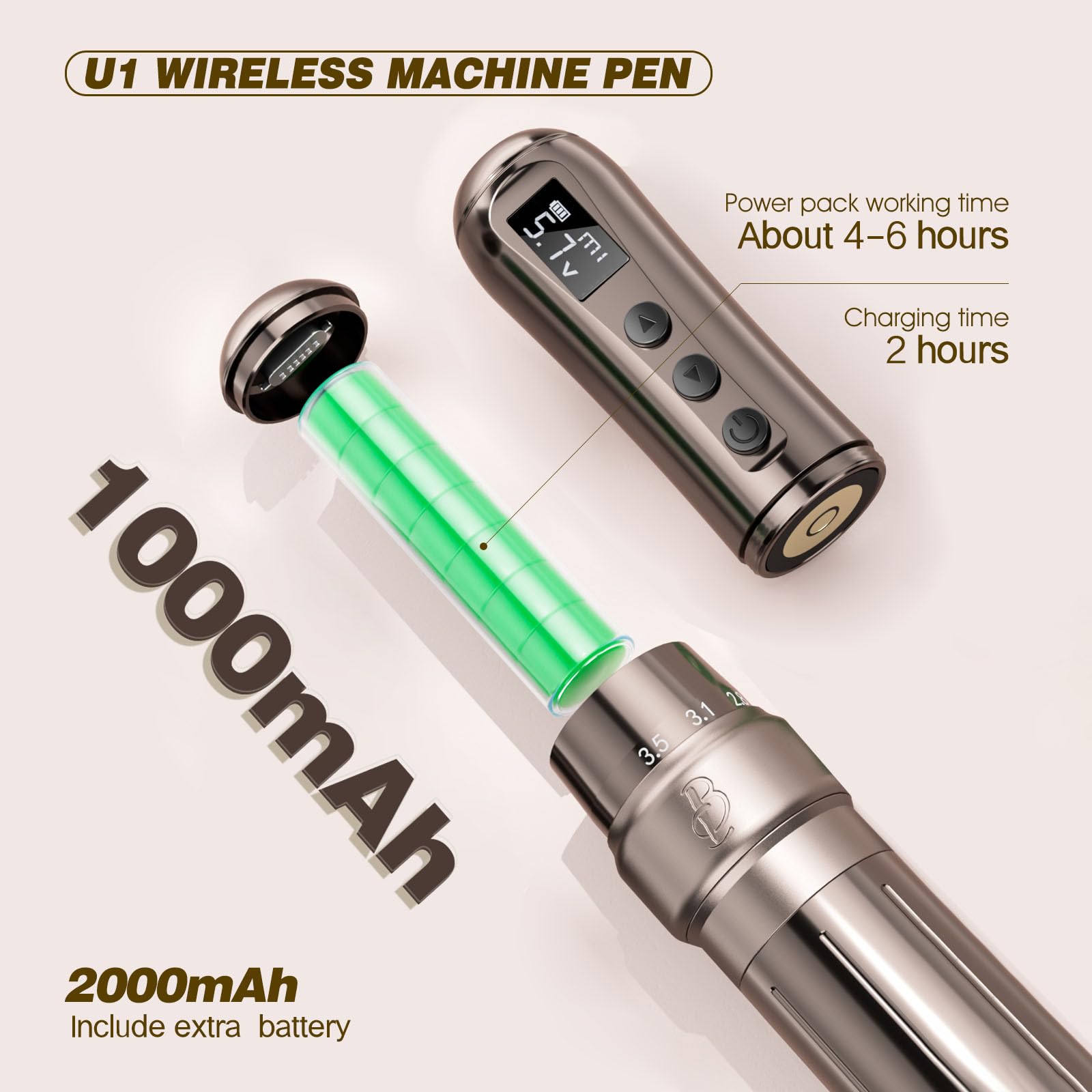 Biomaser UI - Macchina per il trucco permanente senza fili, con penna wireless regolabile a sei punti, con 2 display OLED da 1000 mAh, per trucco permanente (caffè)