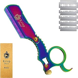 Professional Classic Straight Edge Barber Razor For Close Shaving -Salon Quality Men's Beard Cut Throat Finger Razor Shavette With 10 Shaving Blades By Krisp Shave (Titanium Multi-Color), 4.8 Inch
