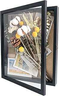 GraduationMall 11x14 Wood Shadow Box Frame Glass Door Display Case with Linen Back and 6 Stick Pins,1.5 inches Interior Depth,Ideal for Memorabilia Pictures Flowers Medals Tickets Rustic Black