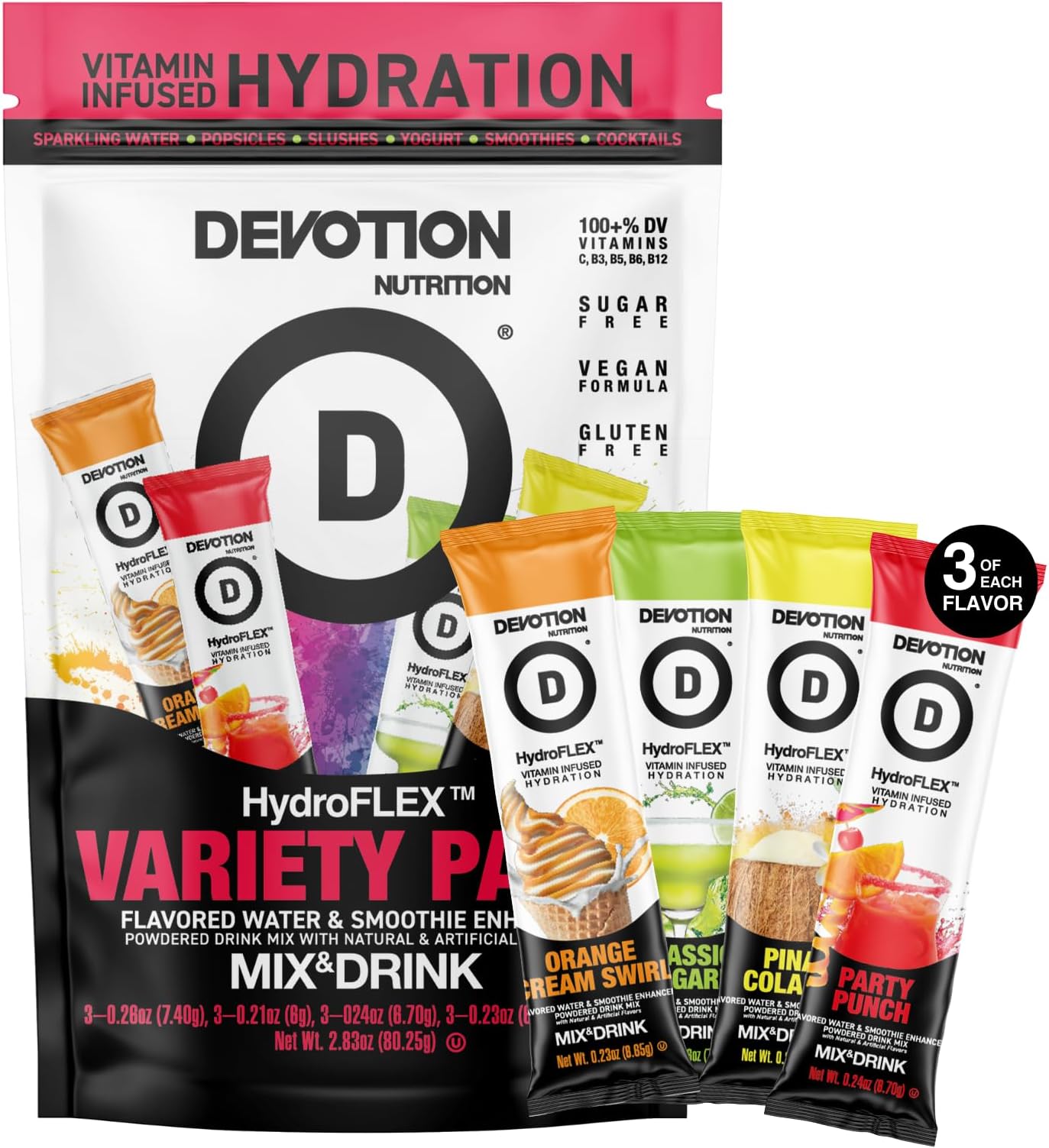HydroFLEX Packets | Vitamin Infused Hydration Powder | Water Enhancer Drink Mix | Sugar Free, Gluten Free, Vegan | 12 Pack (4 Flavor Variety)