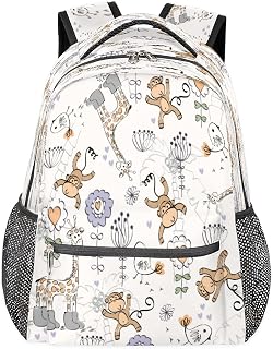 Mochilas para meninos e meninas, mochila escolar com vários bolsos, girafa divertida, macaco impermeável, com alça de ombro ajustável para viagens, caminhadas, acampamento, Multi, Medium, Mochilas Daypack