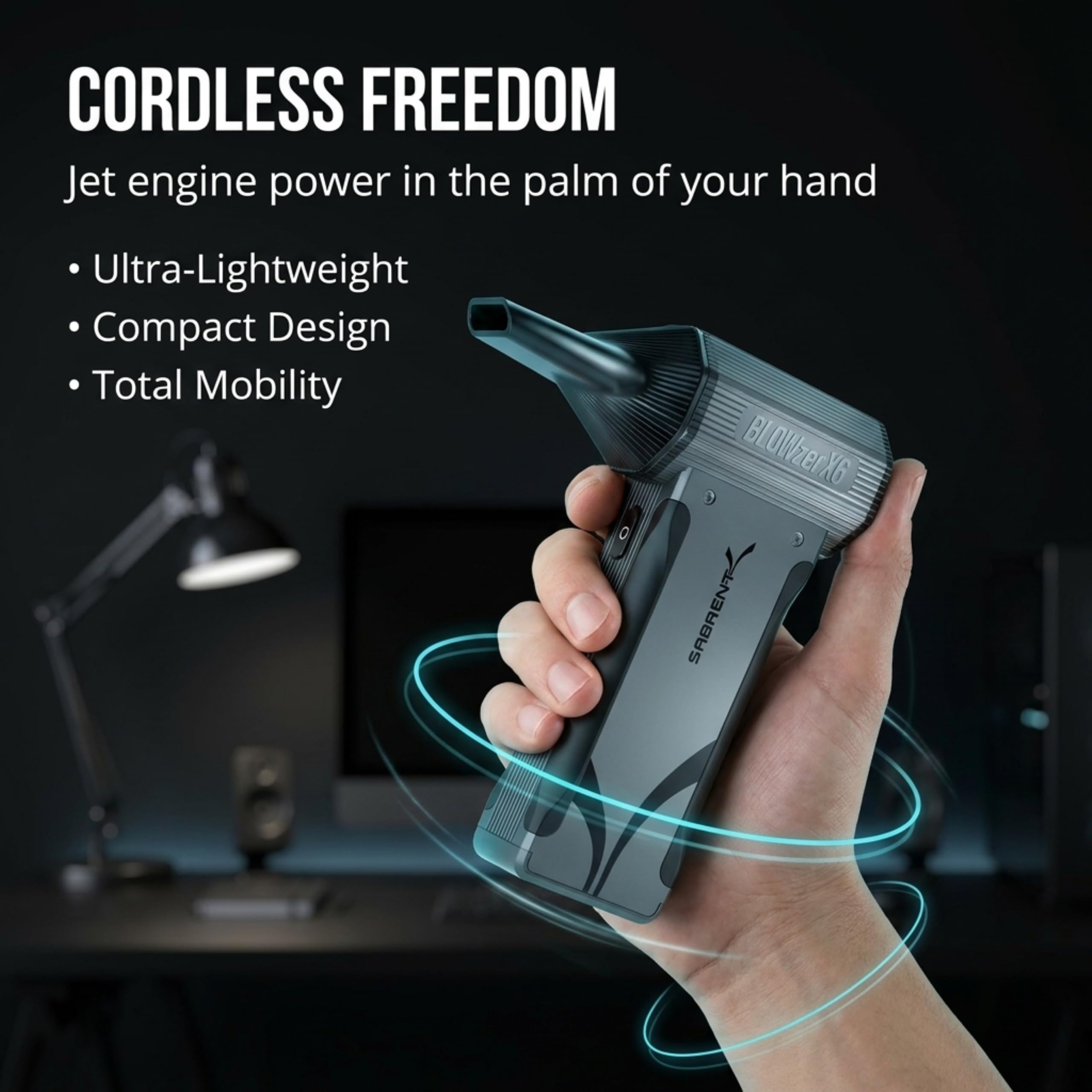 SABRENT Blowzer X6 Soplador de Aire Inalámbrico | 30.000 RPM, Soplador Aire Comprimido Eléctrico de Hasta 86 m/s para PC, Teclado y Automóvil, 100 Minutos Autonomía (TF-BZX6)
