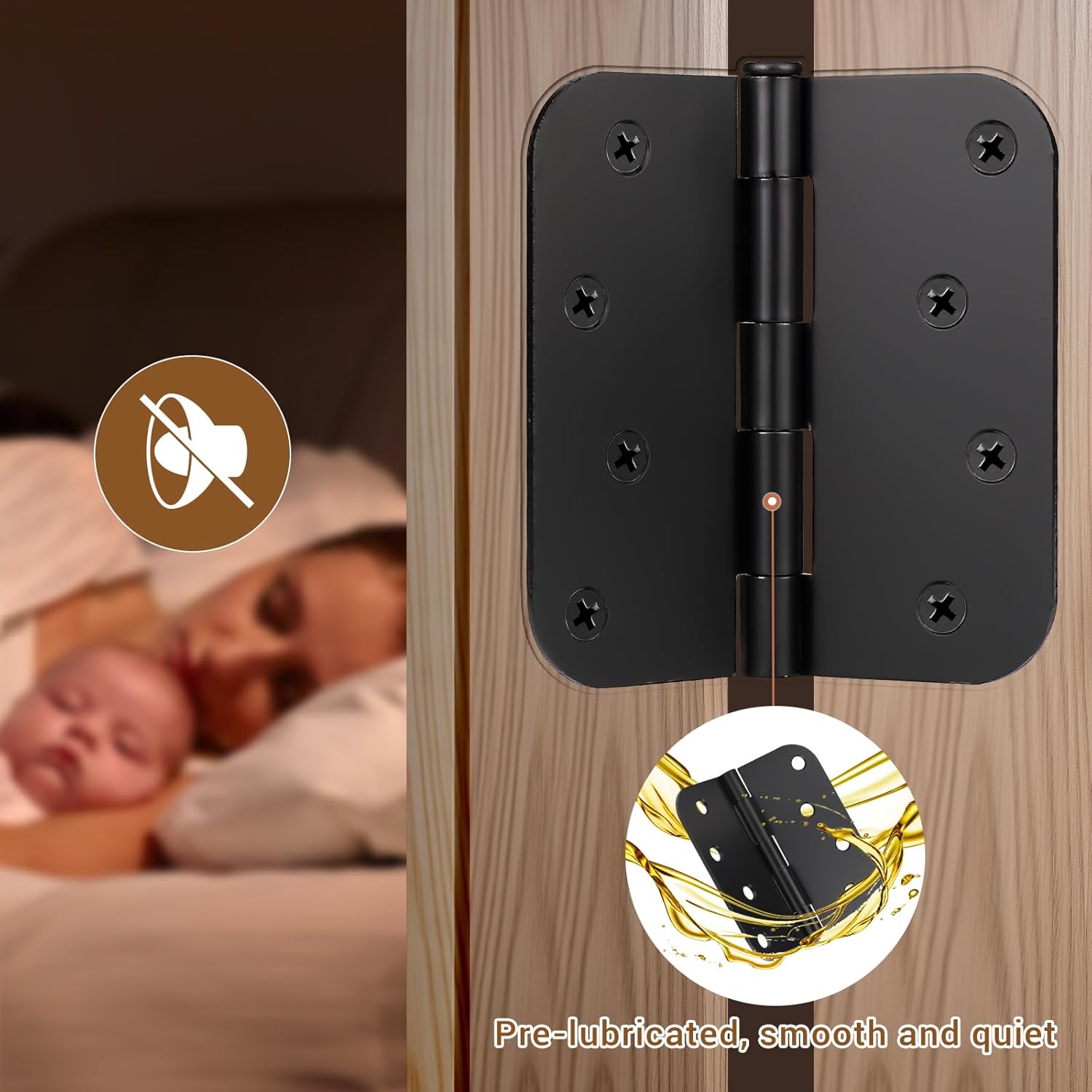 KNOBWELL 18 Pack 4" Black Door Hinges Interior, Rounded Door Hinges Black Matte for Interior and Exterior Doors, Iron Material