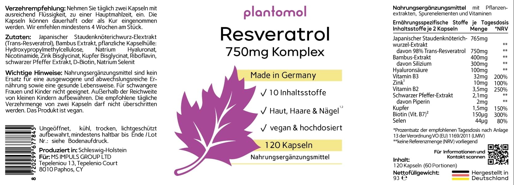 120 Trans Resveratrol Kapseln mit 750mg Resveratrol hochdosiert mit Silizium und Hyaluron (in 2 Kapseln) als Resveratrol Komplex