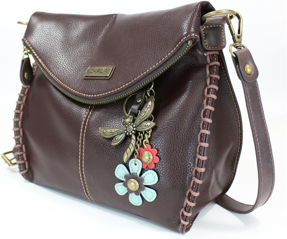 Chala Charming Crossbody Bag Shoulder Handbag With Flap Top and Zipper Dark Brown (Metal Dragonfly with Teal Flower)