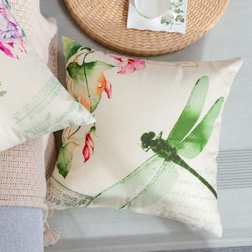 Artscope Set of 4 Waterproof Throw Pillow Covers 18x18 Inches, Decorative Spring Cushion Covers for Outdoor Patio Garden Living Room Sofa Farmhouse Decor (Insects & Plant) : Home & Kitchen