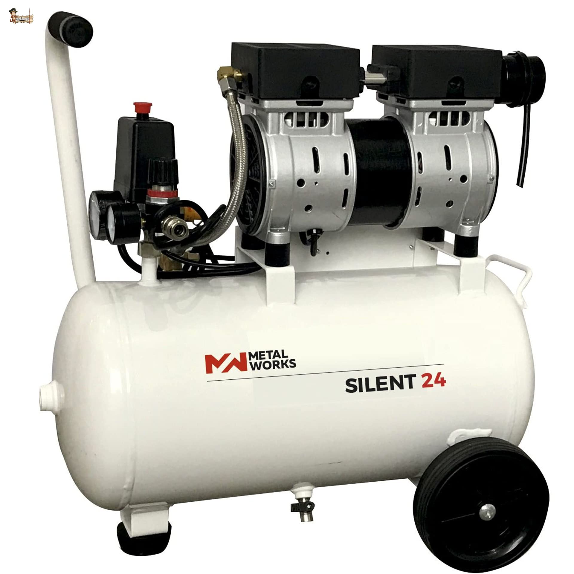 BricoLoco Portable Quiet Air Compressor, Small and Light, 9 Bar Pressure, 1 HP Power, 24 Litres Reservoir, Only 62 Decils, Double Head