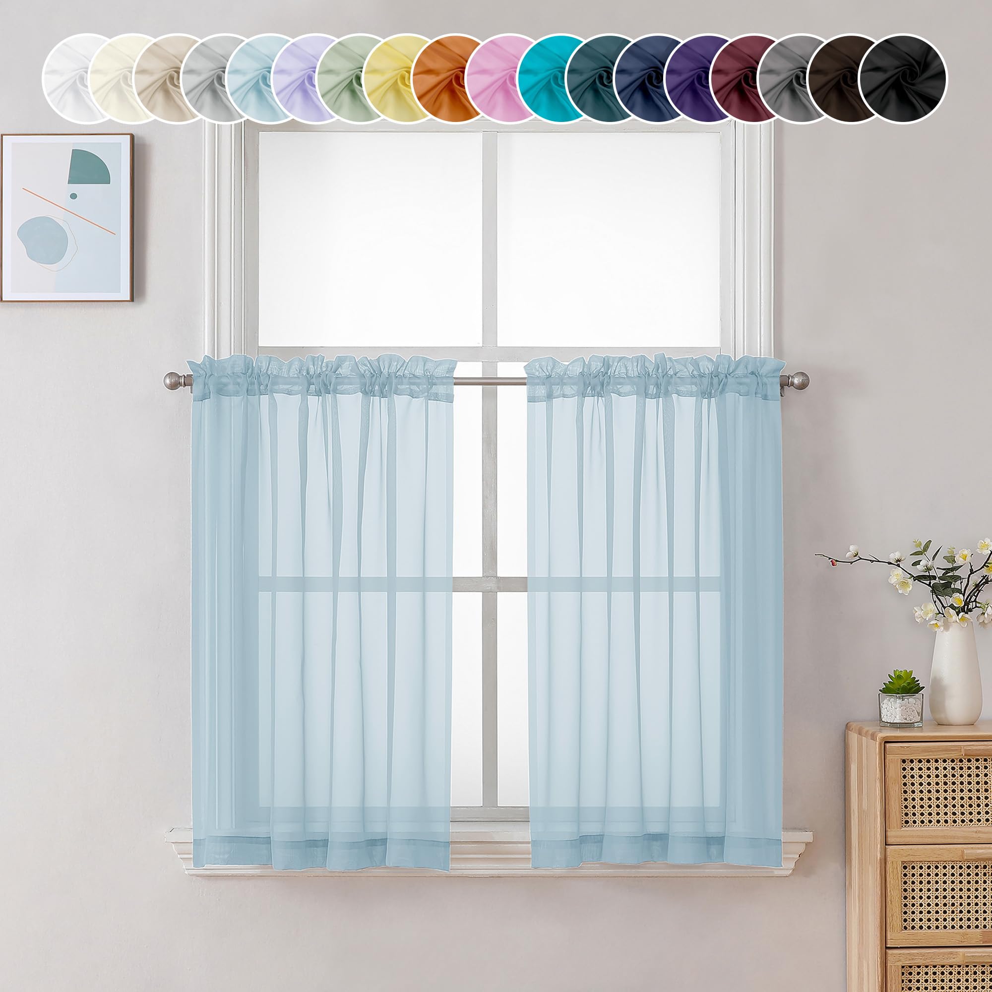 Chyhomenyc Sheer Sky Blue Tier Curtains - 24 Inch Length, Small Window Treatment for Bathroom, Living Room, Basement - Short Rod Pocket Cafe Curtains, 42W x 24L Inches, 2 Panels โ image 1
