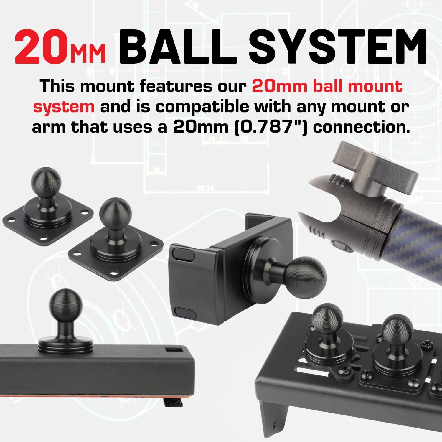 Bulletpoint Metal 4-Hole AMPS Base Mount with 20mm (0.787 inches) Mounting Ball with Metal Backing Plate + Installation Hardware