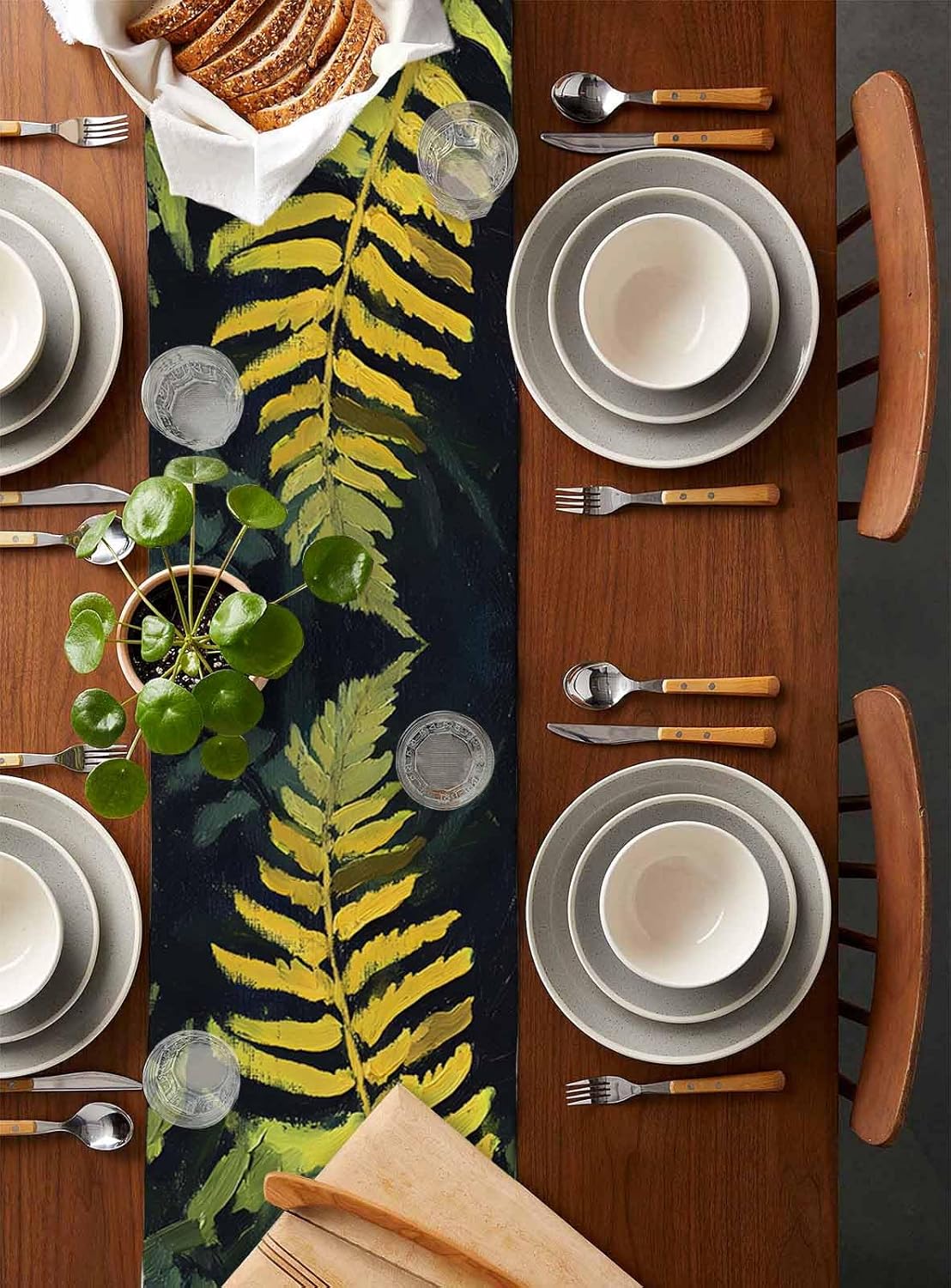Table Runner Dresser Scarves Natural Spring Green Botanical Leaves Linen Burlap Table Cover Watercolor Fern Plants Table Runners for Family Kitchen Dining Holiday Party Banquet Decor