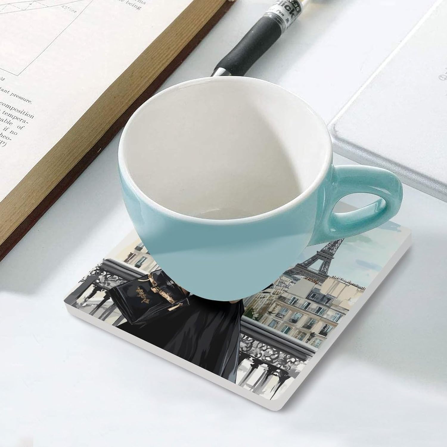 Paris Lady in Black Print Coasters for Drinks Square Table Coasters Set Cup Mats with Cork Base