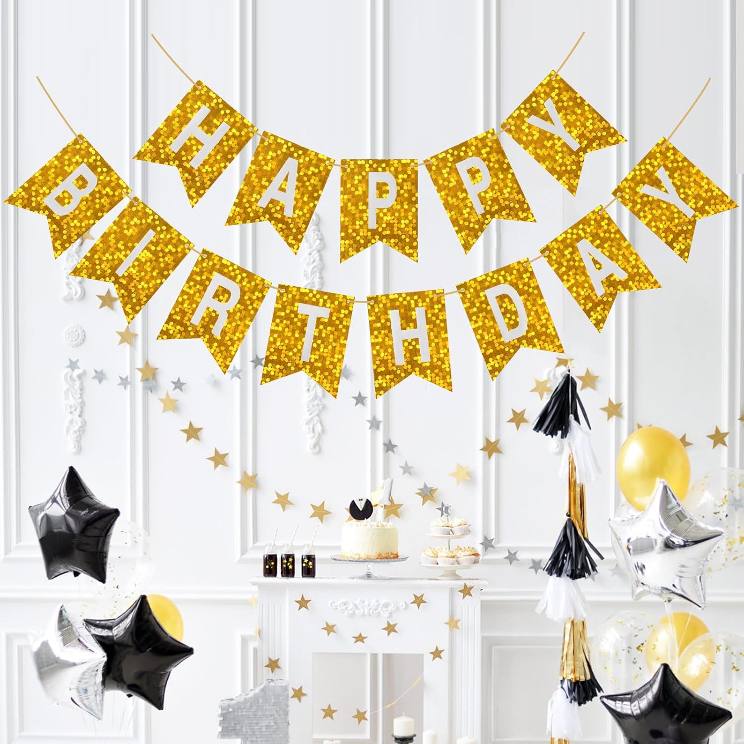 Glitter Happy Birthday Banner Sign Wall Door Banners for Women Men Boys Girls Birthday Party Backdrop Garland Decorations, Letters Name Banners Flag Decors Shiny Gold