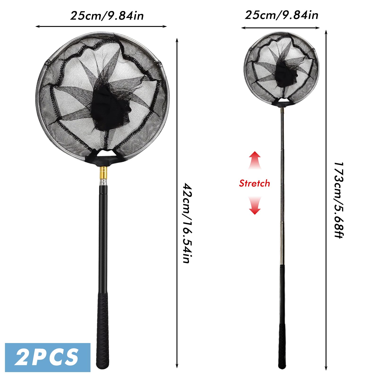 Set di 2 reti da pesca telescopiche, con rete da pesca pieghevole, 150 cm, accessorio da pesca all'aperto, per bambini e adulti