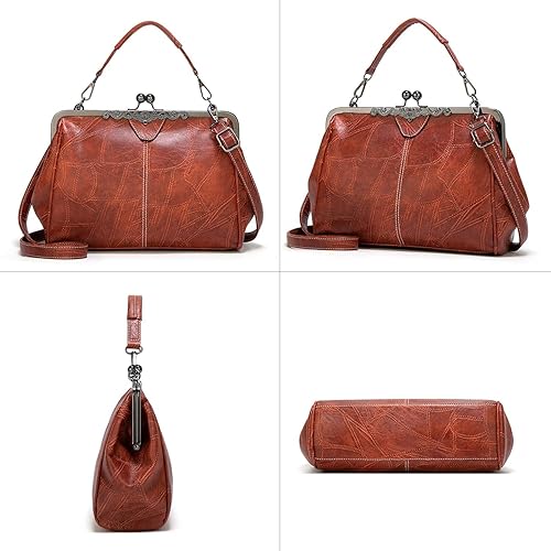 Miniatura 3 de Bolsos vintage para mujer Kiss Lock para mujer, cuero aceitado, bolso de mano