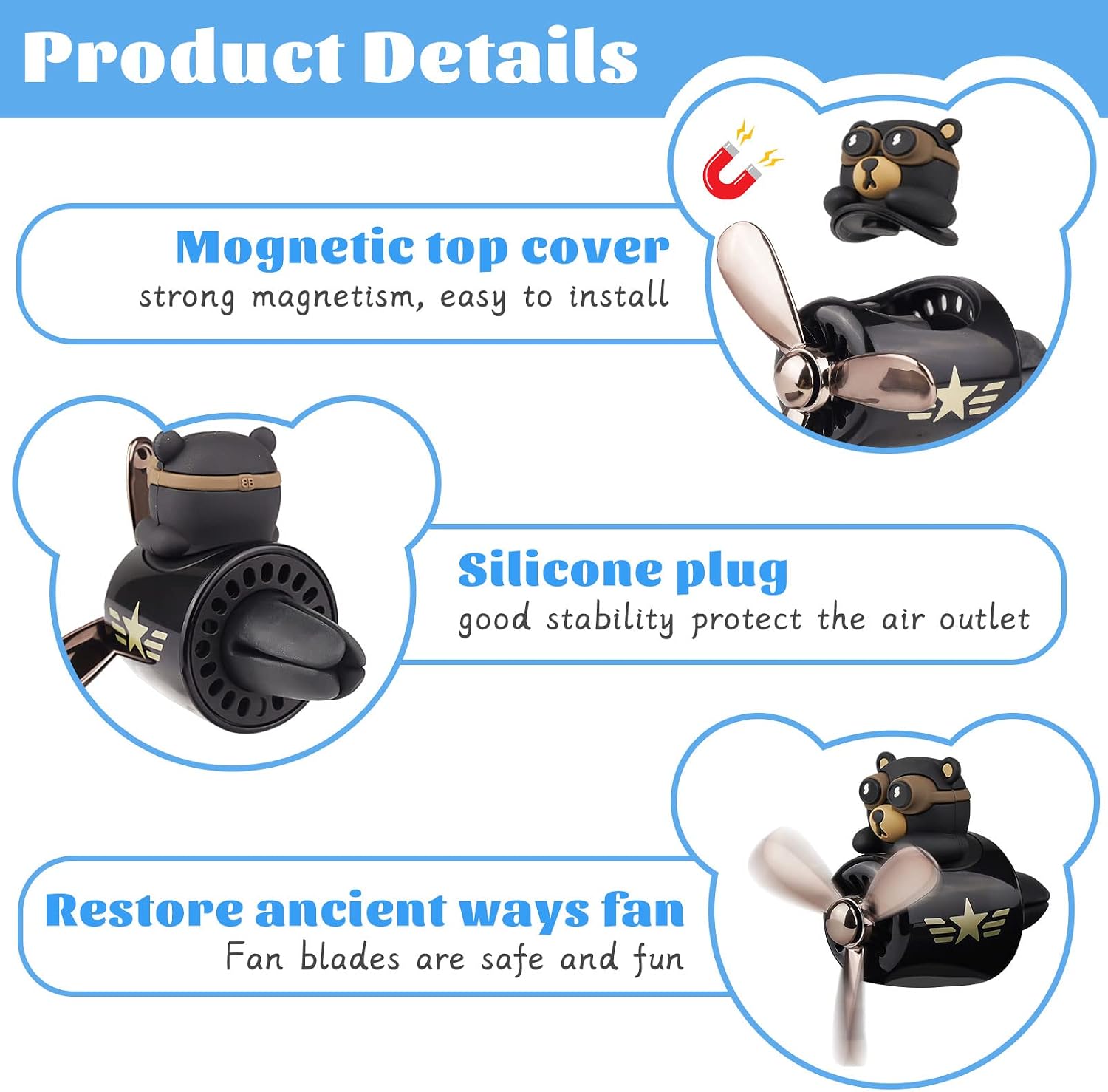 TOUFA Bear Pilot Car Air Freshener Cute Car Air Fresheners Automotive Air Outlet Fan Creative Car Perfume Decoration for New Car Vent Scent Clip Diffuser Ornament Accessories(2 Pcs Black)