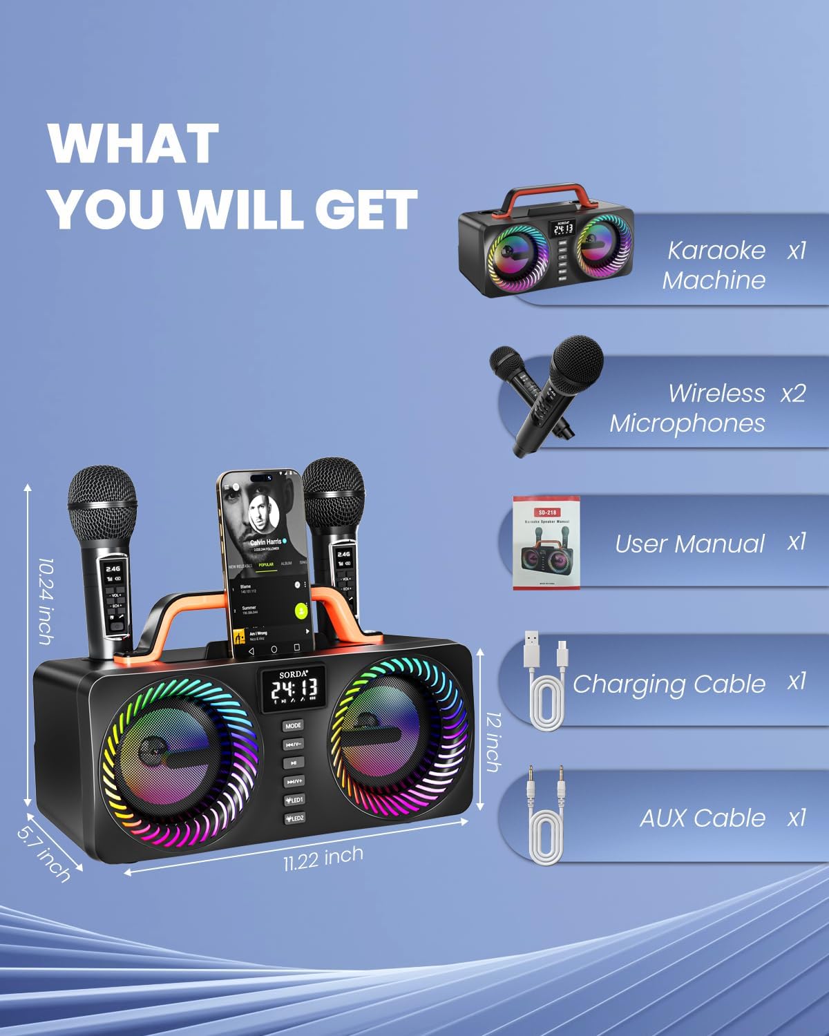 Karaoke Machine for Adults & Kids, Portable 80W Bluetooth Speaker - 2 Wireless Microphones, Echo Adjust, Support USB/AUX, for Outdoor/Indoor Gathering Party Gifts - Image 9