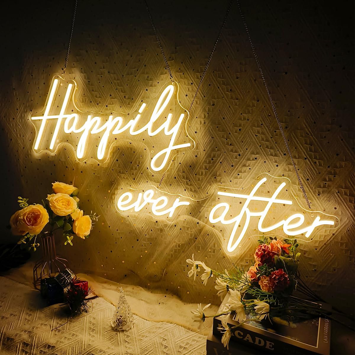 Happily Ever After Neon Sign Large, 42.5 Inch Neon Sign Wedding Happily Ever After with Remote Dimmer, Neon Lights for Bedroom, Wedding, Birthday, Bachelorette Party, Warm White