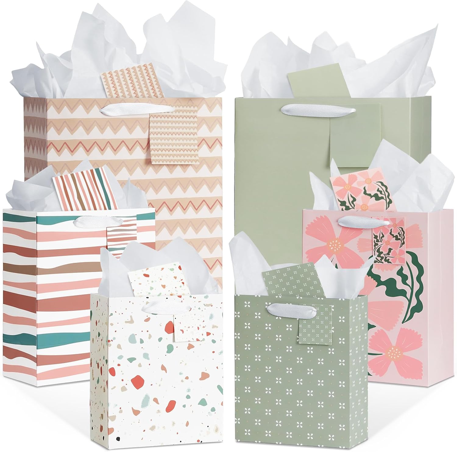 12 Pack Gift Bags, 6 Designs, Assorted Sizes, with Tissue Paper & Cards