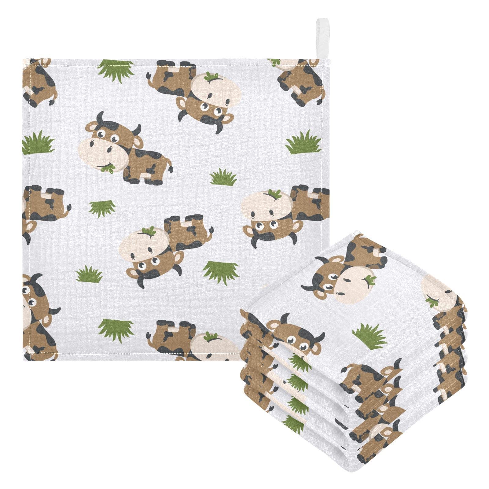 vvfelixl Cotton Brown Cow Grass Muslin Washcloths - Soft Baby Face Towel for Newborn Infants, 11.8 X 11.8 Inch, 5 Pack